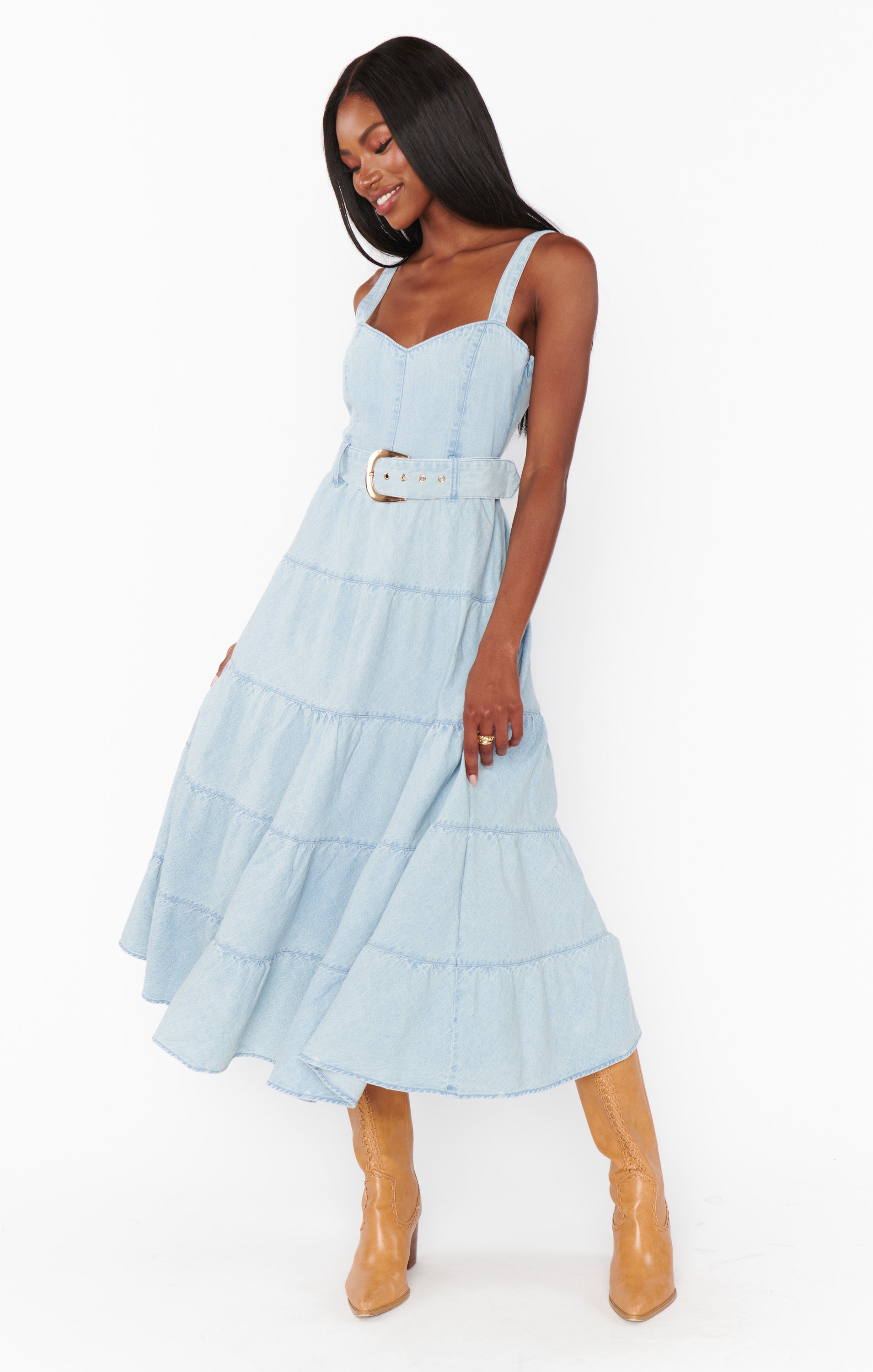 Light Wash Denim Midi Dress with Sweetheart Neckline | Lainey Dew Drop