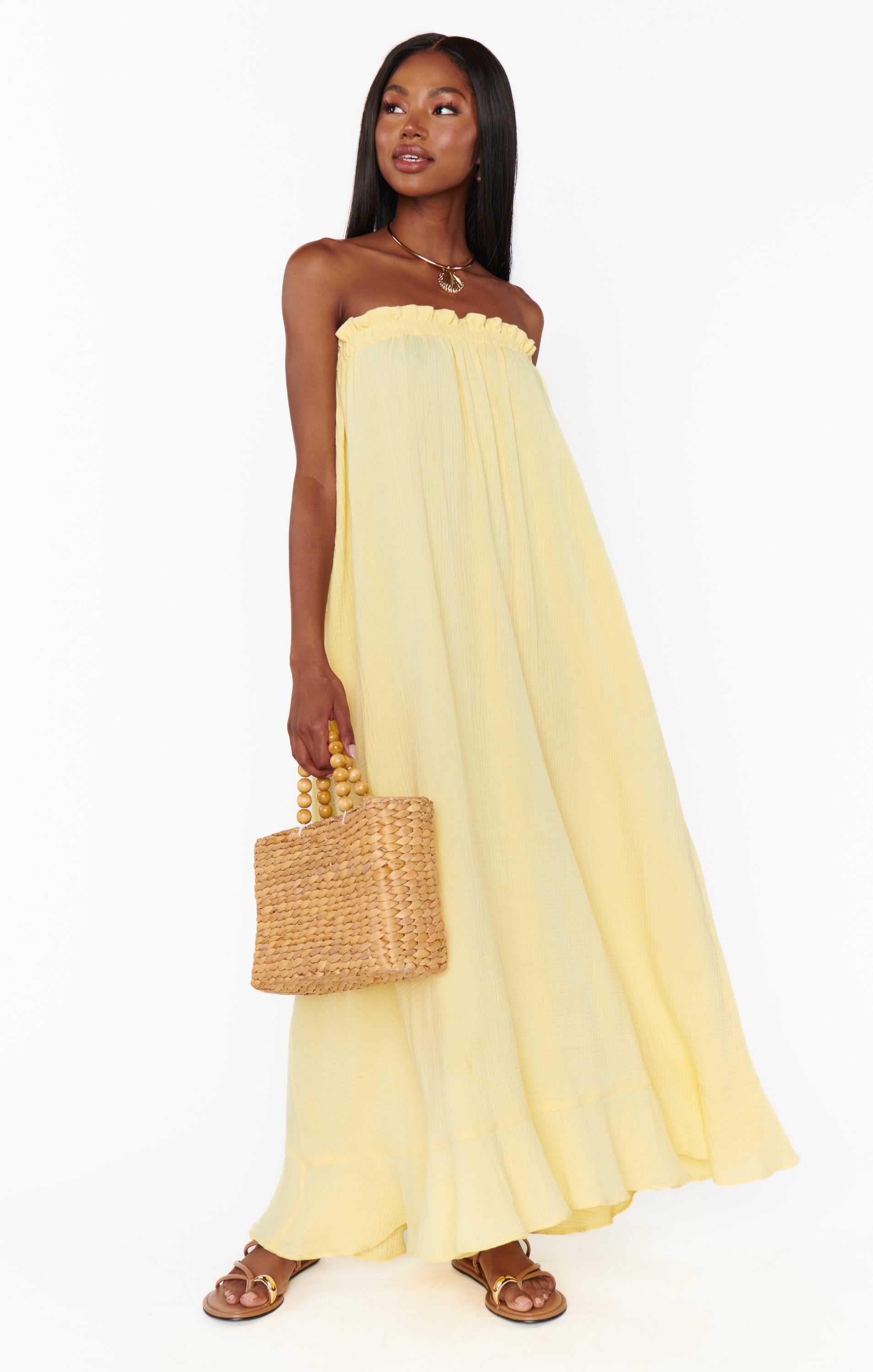 Flowy Yellow Gauze Maxi Dress with Smocked Top | Around The World