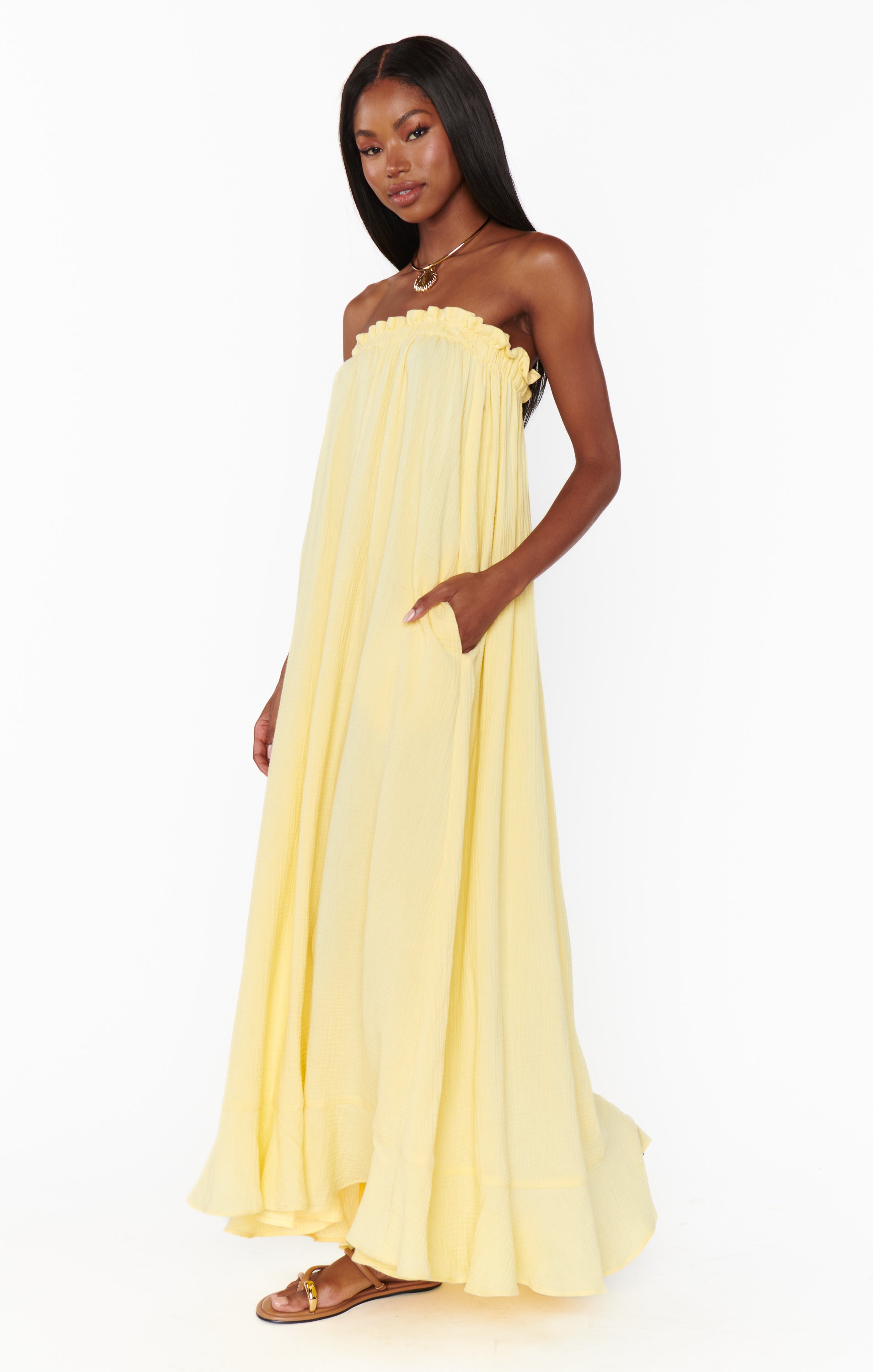 Flowy Yellow Gauze Maxi Dress with Smocked Top | Around The World