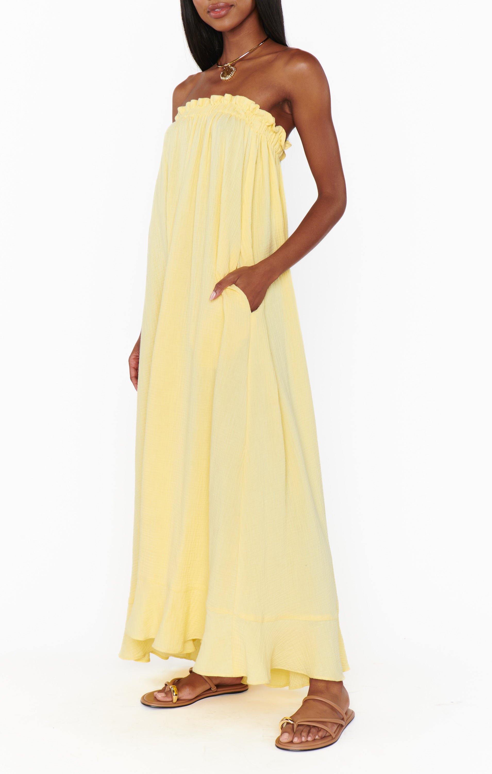Flowy Yellow Gauze Maxi Dress with Smocked Top | Around The World