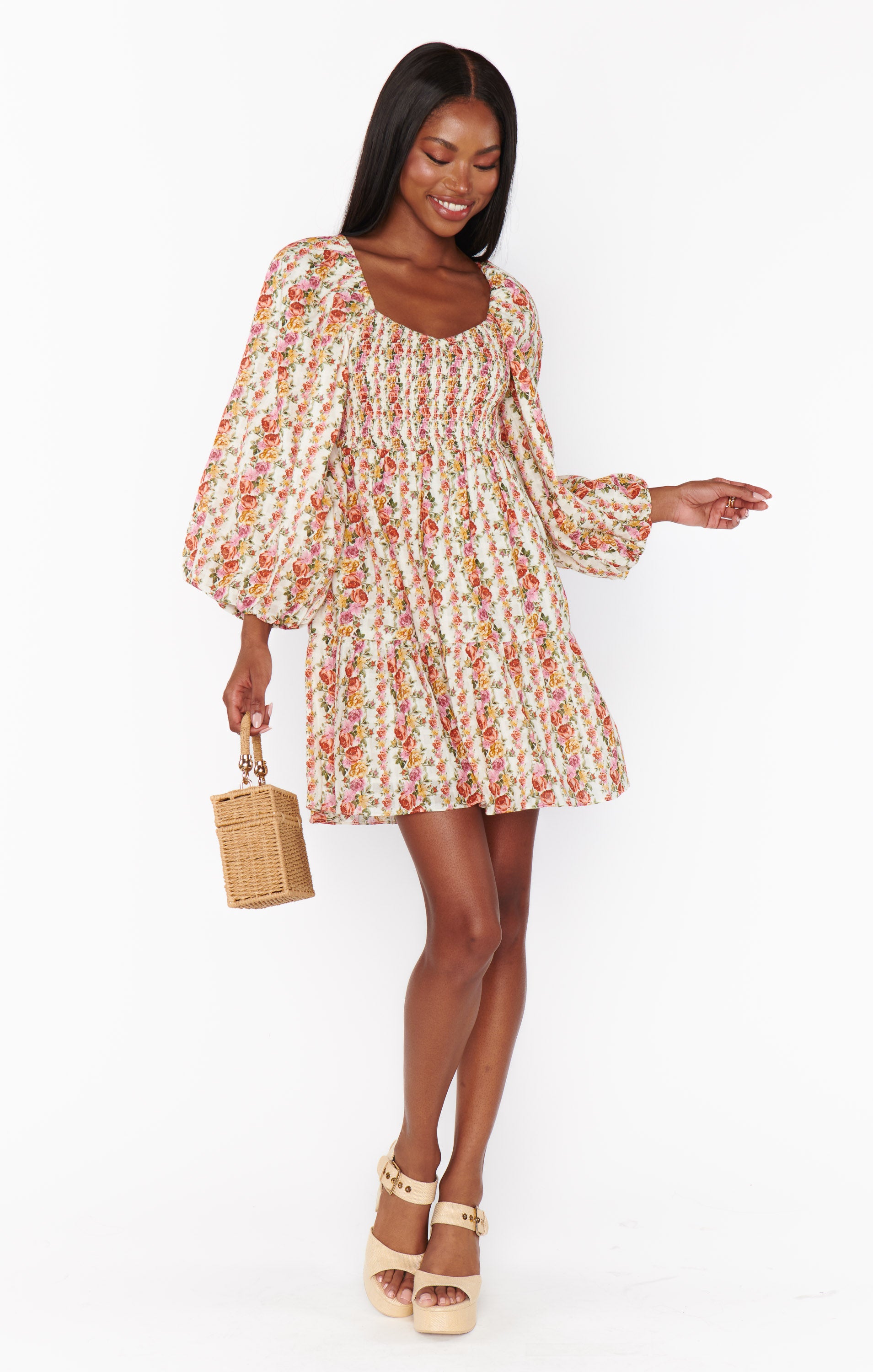 Floral Mini Dress with Balloon Sleeves & Empire Waist | Josephine