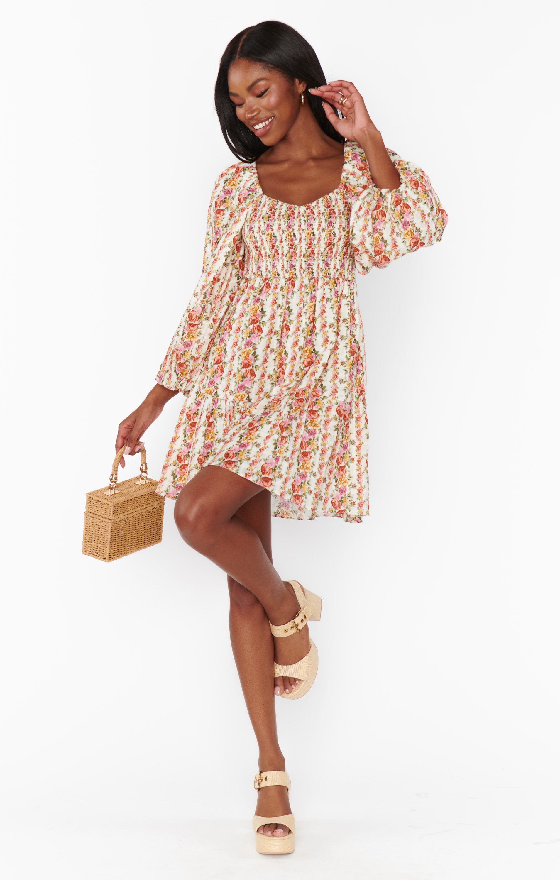 Floral Mini Dress with Balloon Sleeves & Empire Waist | Josephine