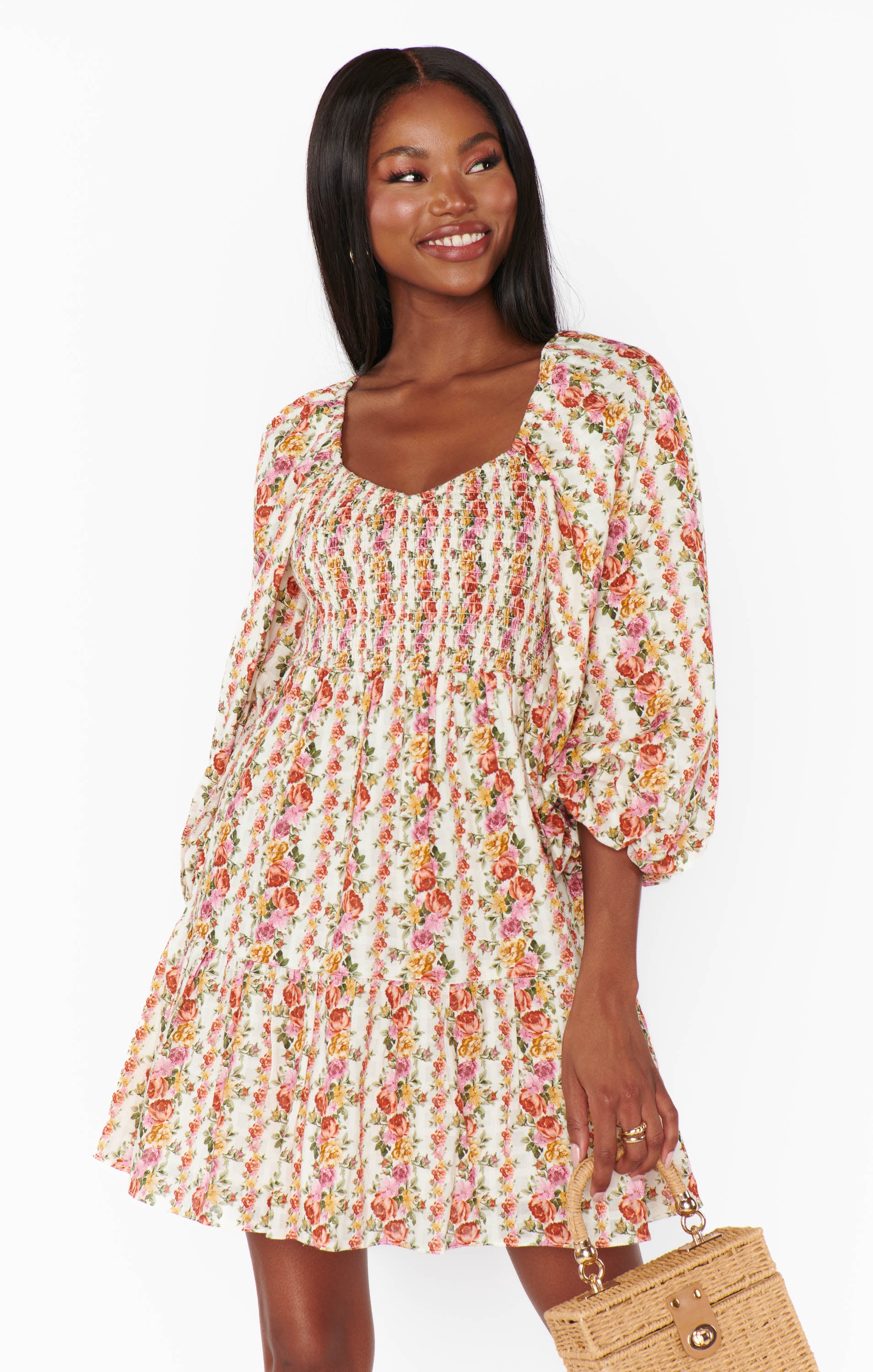 Floral Mini Dress with Balloon Sleeves & Empire Waist | Josephine