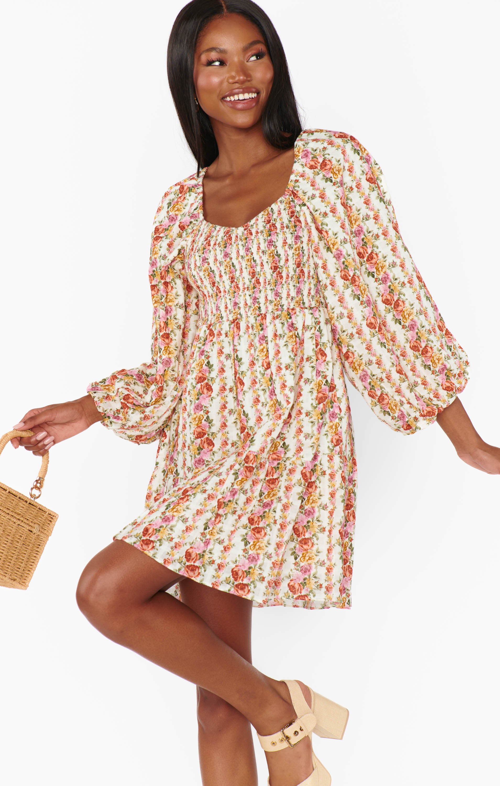 Floral Mini Dress with Balloon Sleeves & Empire Waist | Josephine