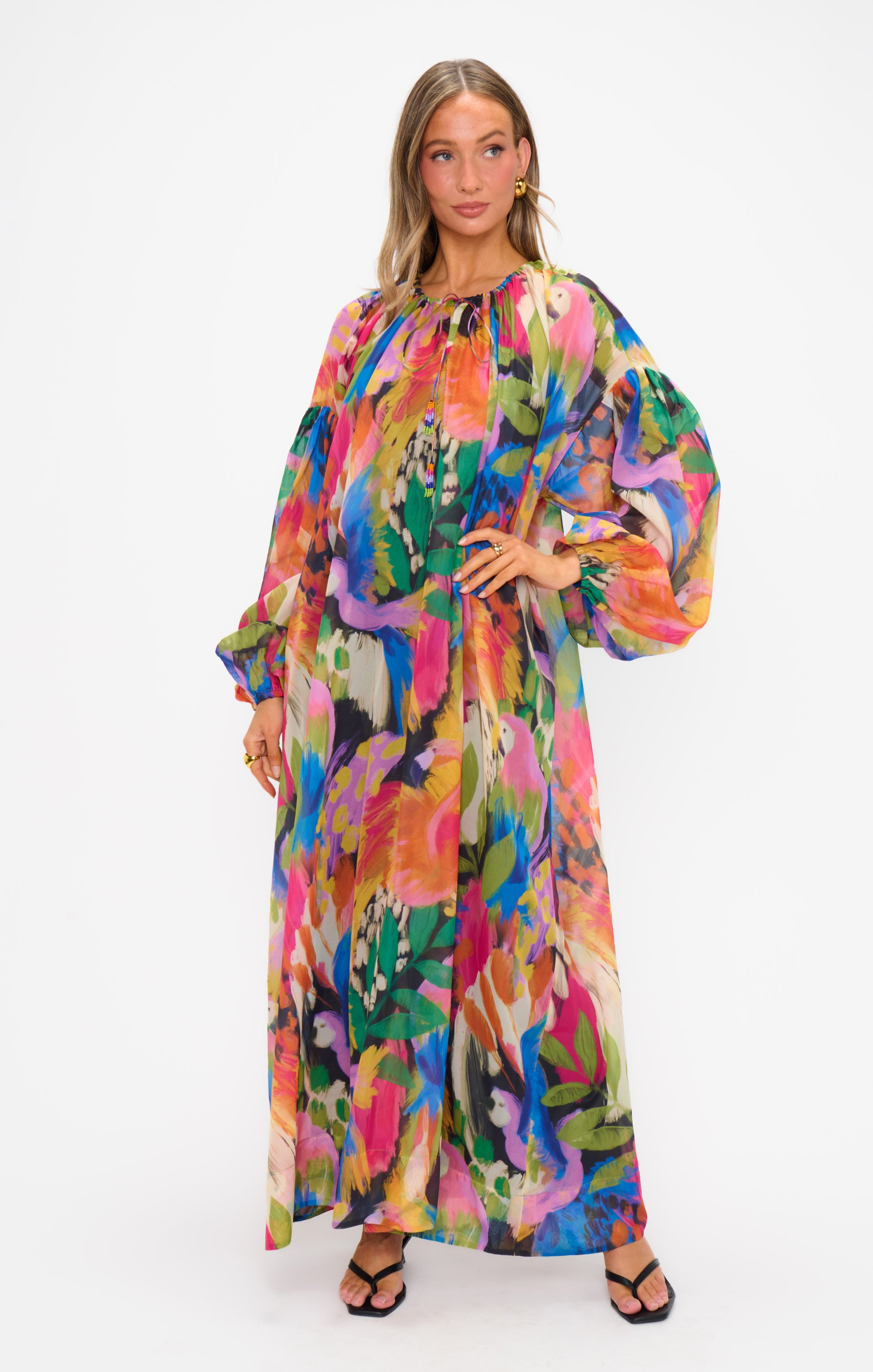 Flowy Kaftan Maxi Dress with Poof Sleeves | Karla Midnight in Rio