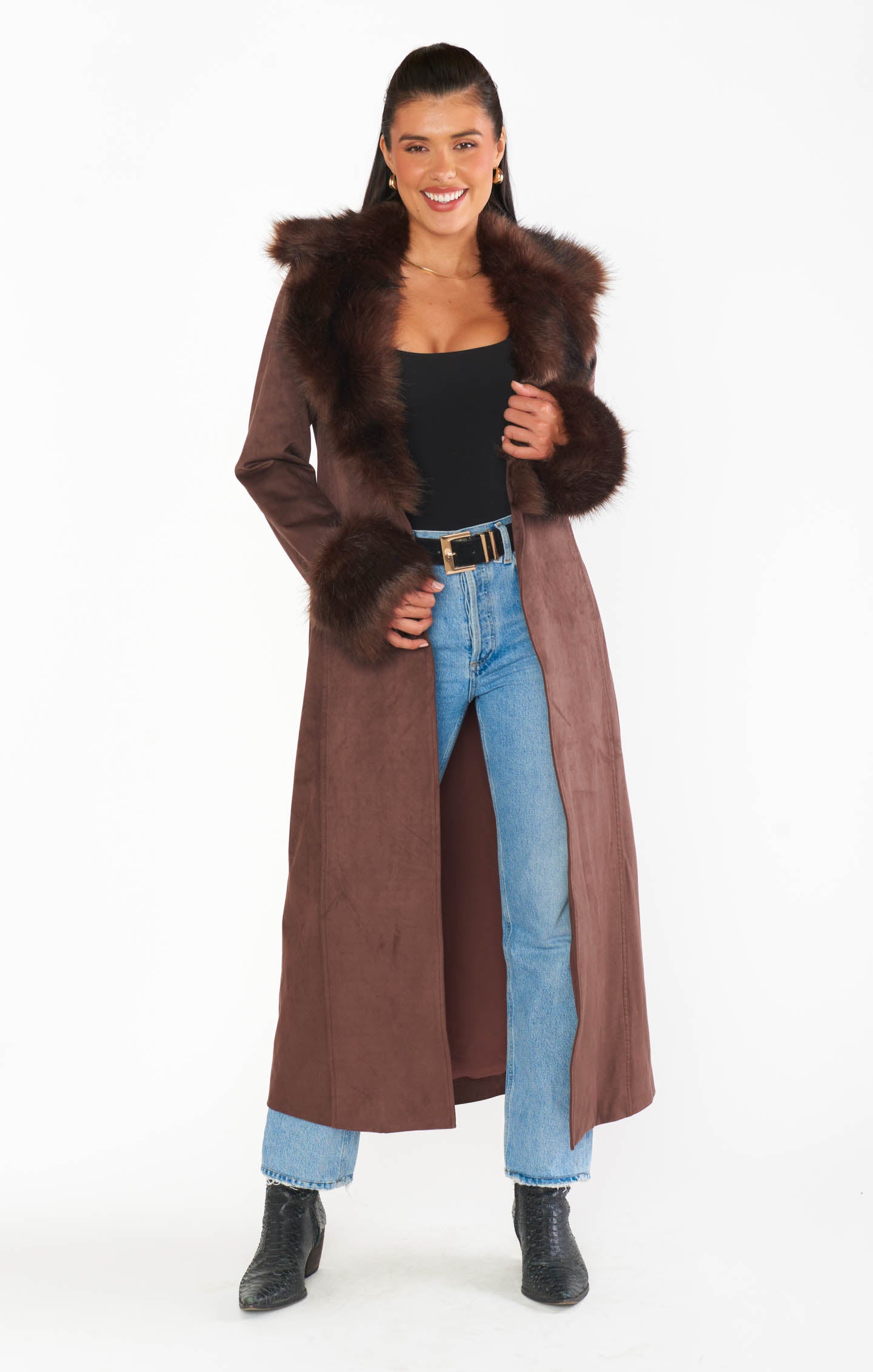 Long Cocoa Faux Suede Coat with Faux Fur Collar | Penny Lane