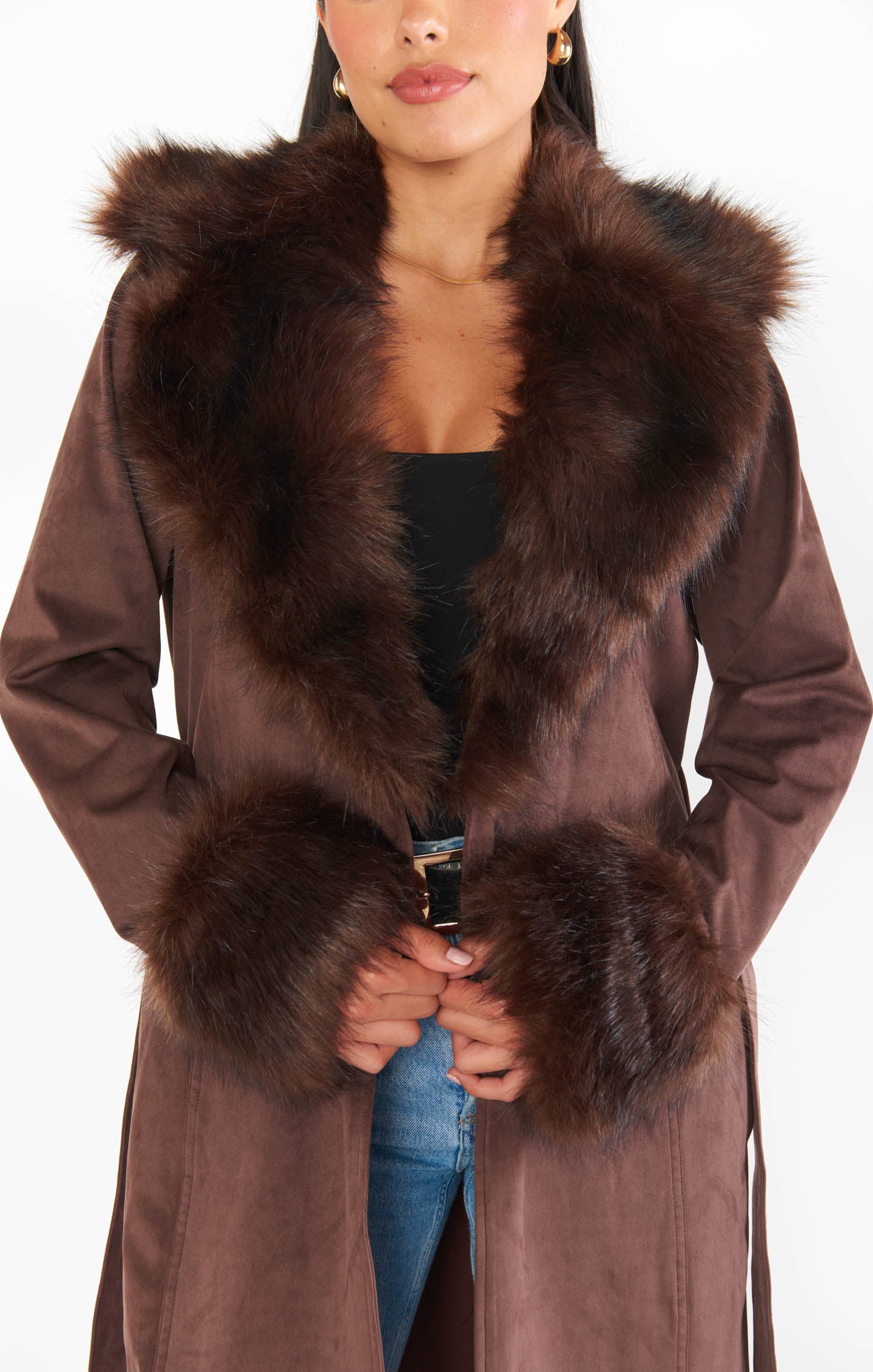 Long Cocoa Faux Suede Coat with Faux Fur Collar | Penny Lane