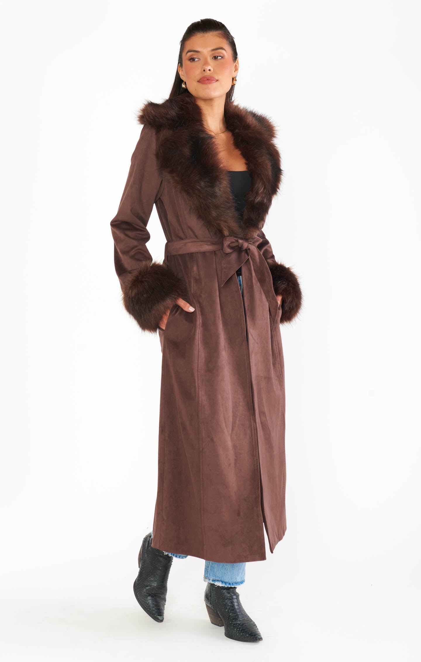 Long Cocoa Faux Suede Coat with Faux Fur Collar | Penny Lane