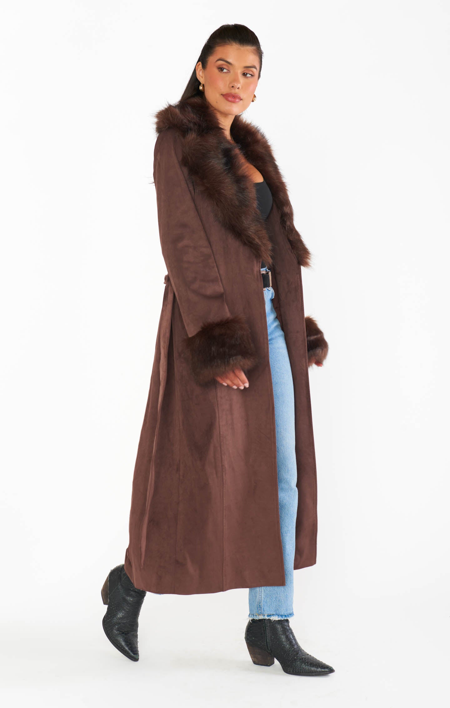 Long Cocoa Faux Suede Coat with Faux Fur Collar | Penny Lane