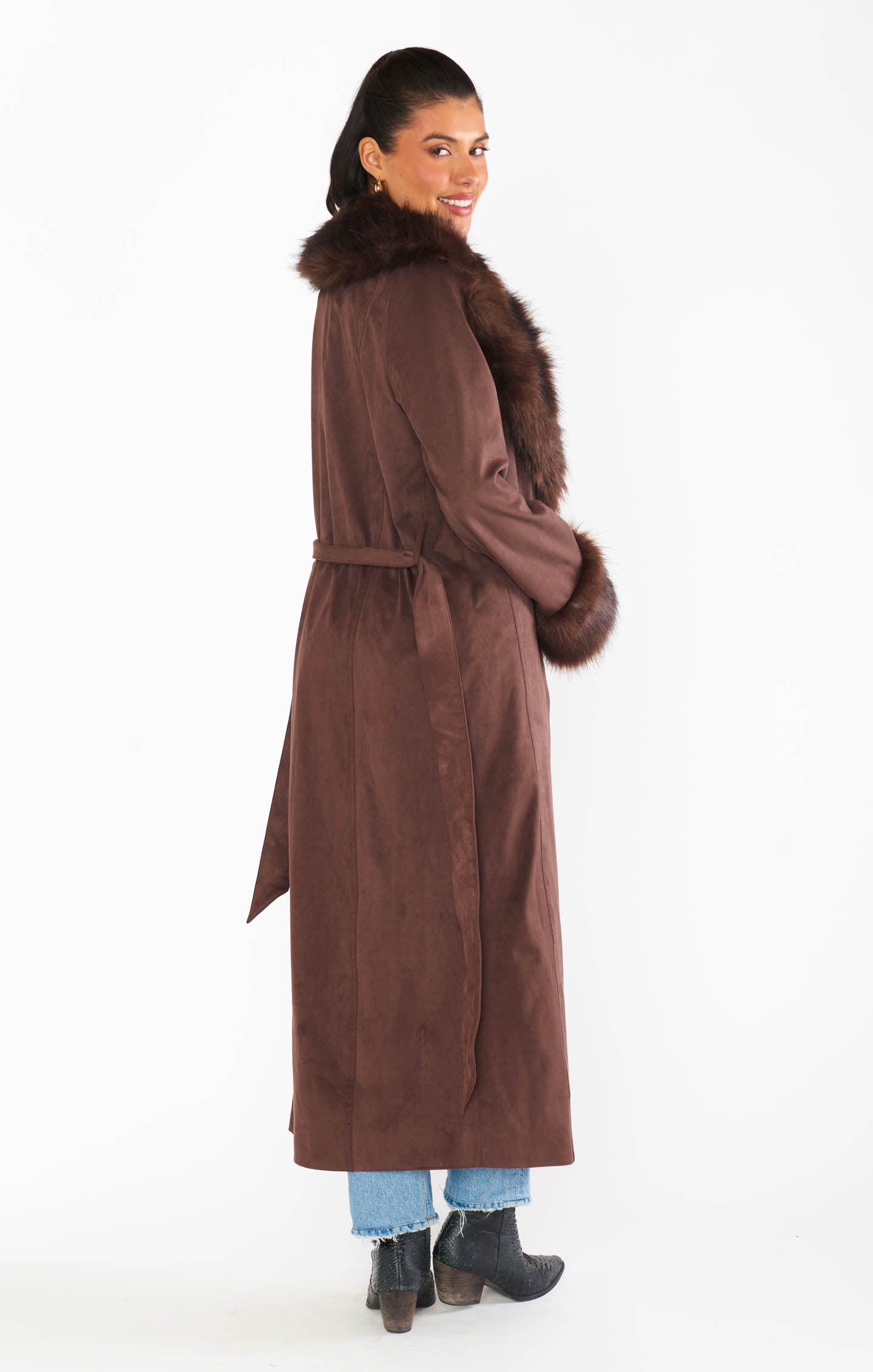 Long Cocoa Faux Suede Coat with Faux Fur Collar | Penny Lane