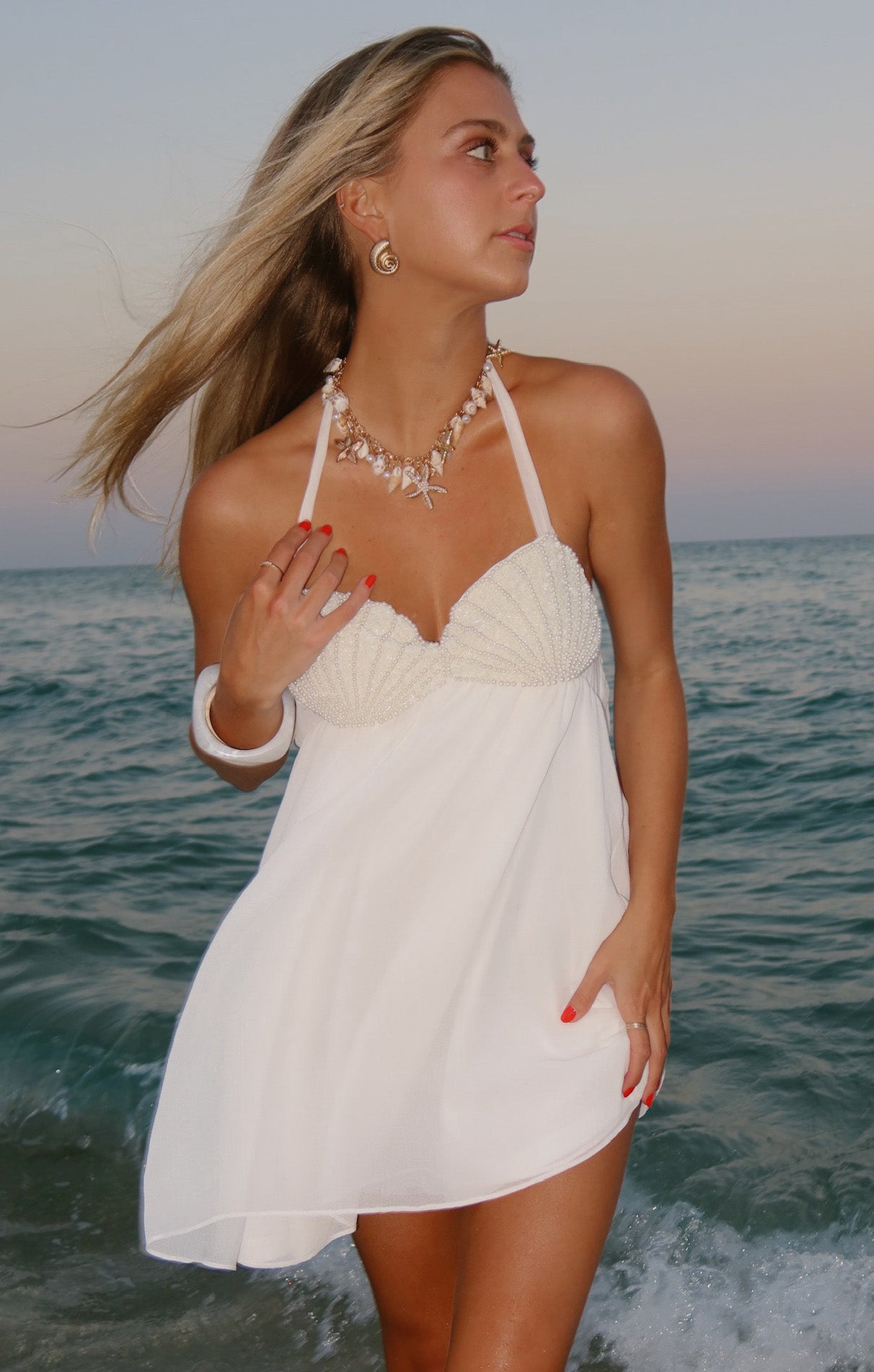 White Chiffon Mini Dress with Embellishment | Valentina