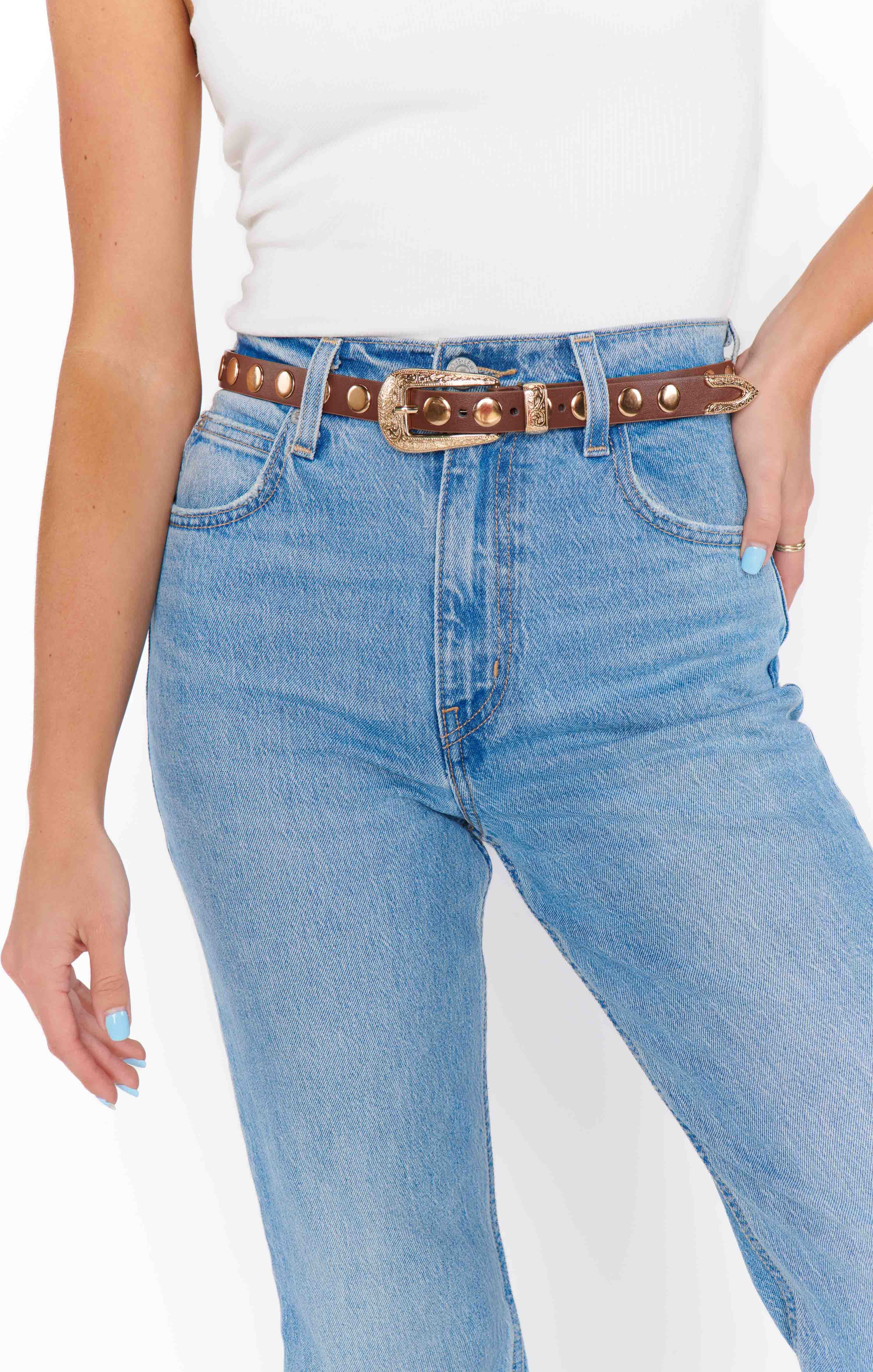 Western Studded Belt with Shiny Disco Studs | Petit Moments Brown/Gold