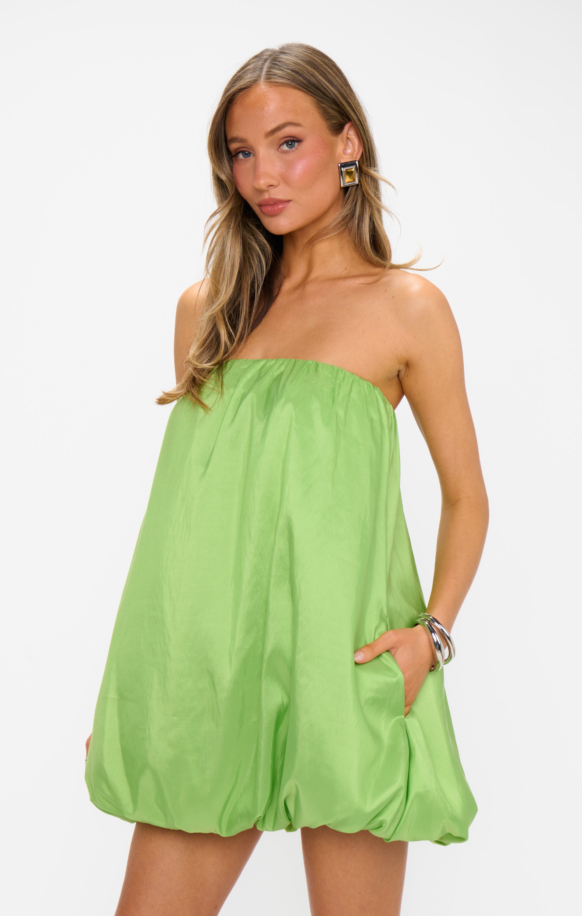 Strapless Bubble Hem Mini Dress in Key Lime | Beverly