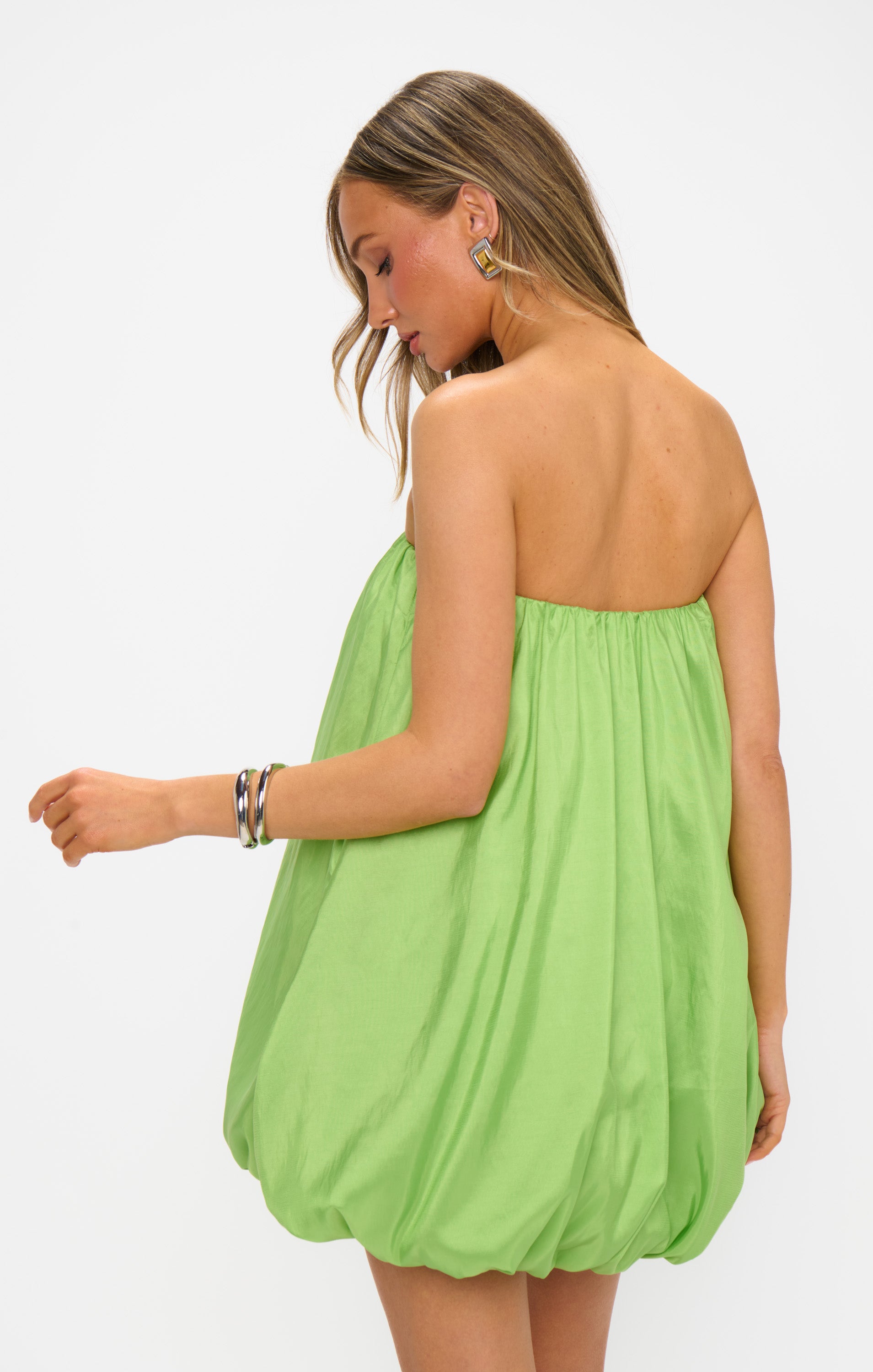 Strapless Bubble Hem Mini Dress in Key Lime | Beverly