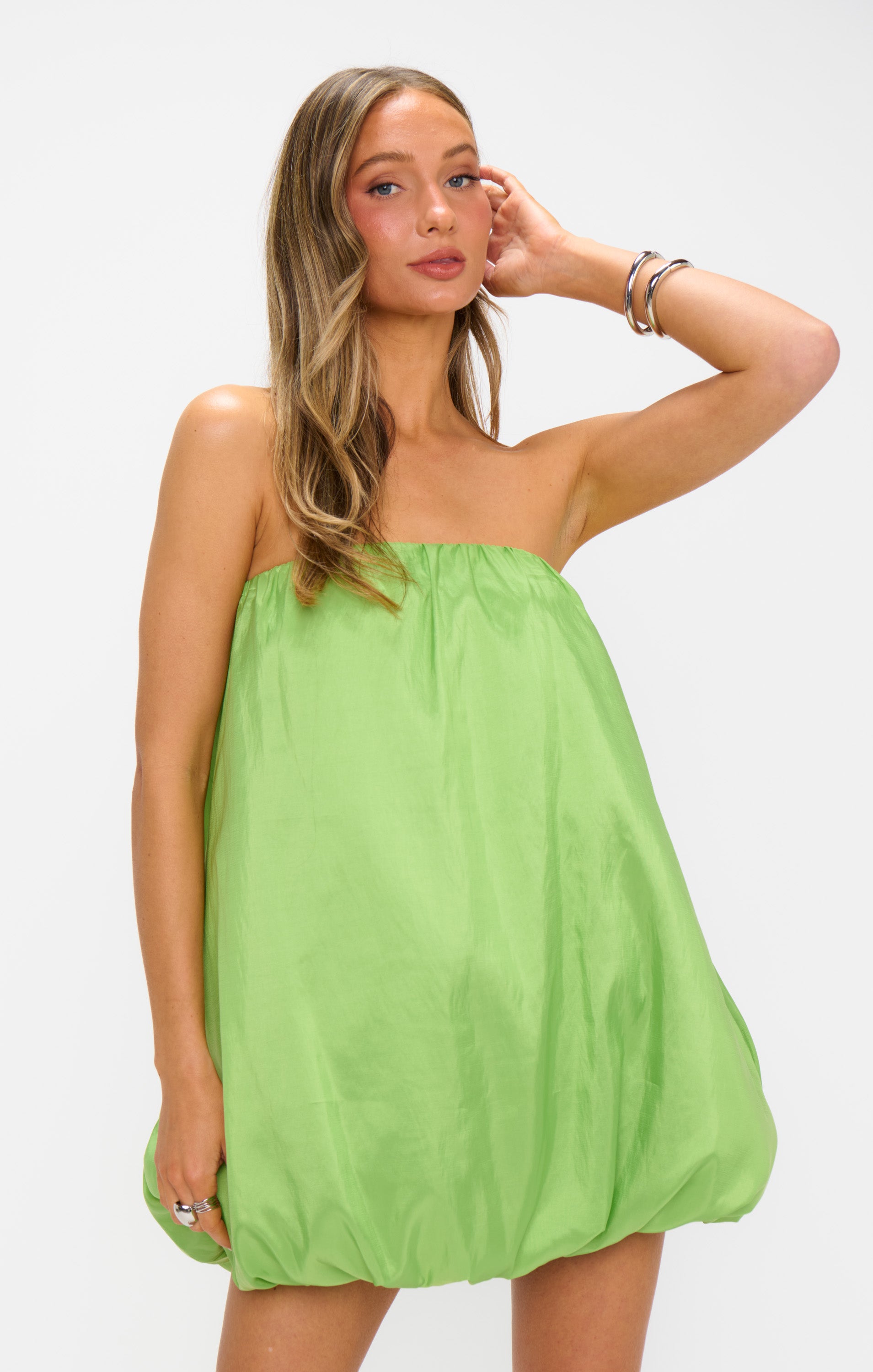Strapless Bubble Hem Mini Dress in Key Lime | Beverly
