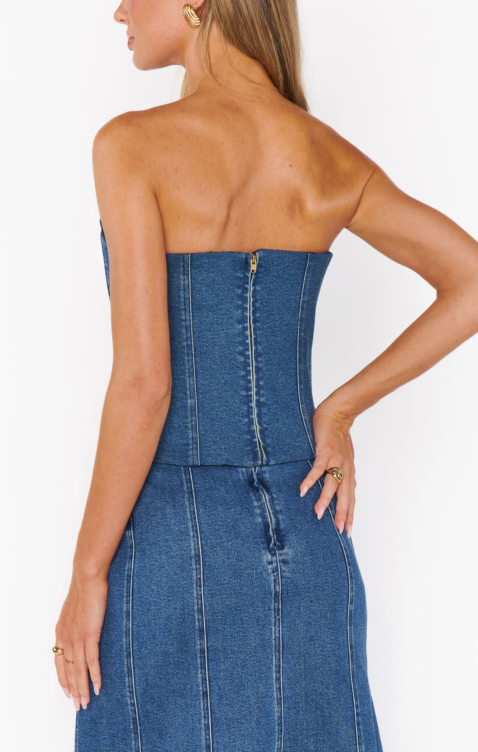 Strapless Denim Corset Top with Zipper Closure | Blue Indigo