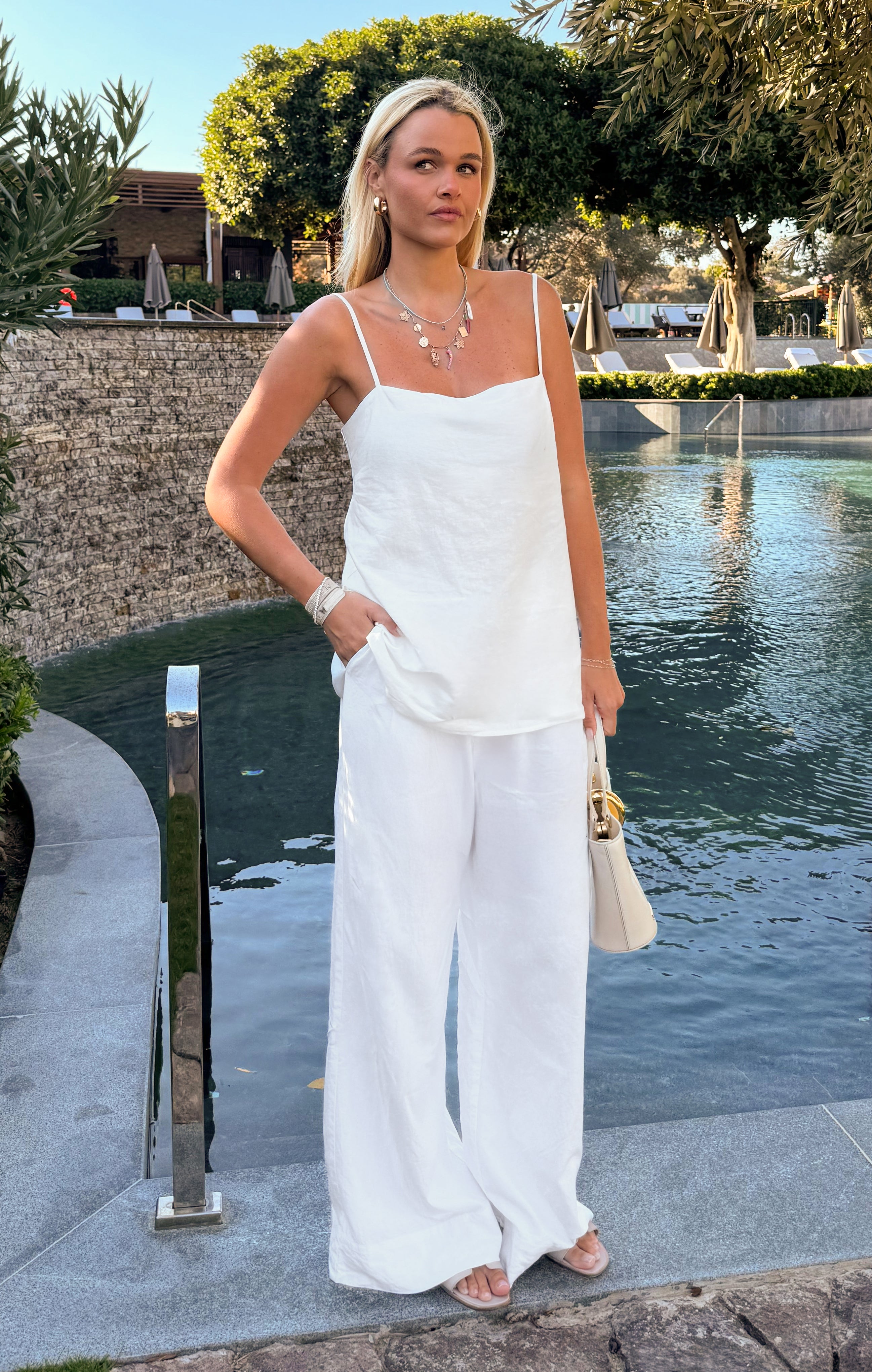 White Linen Wide-Leg Pants with Elastic Waist | Hayes Trouser