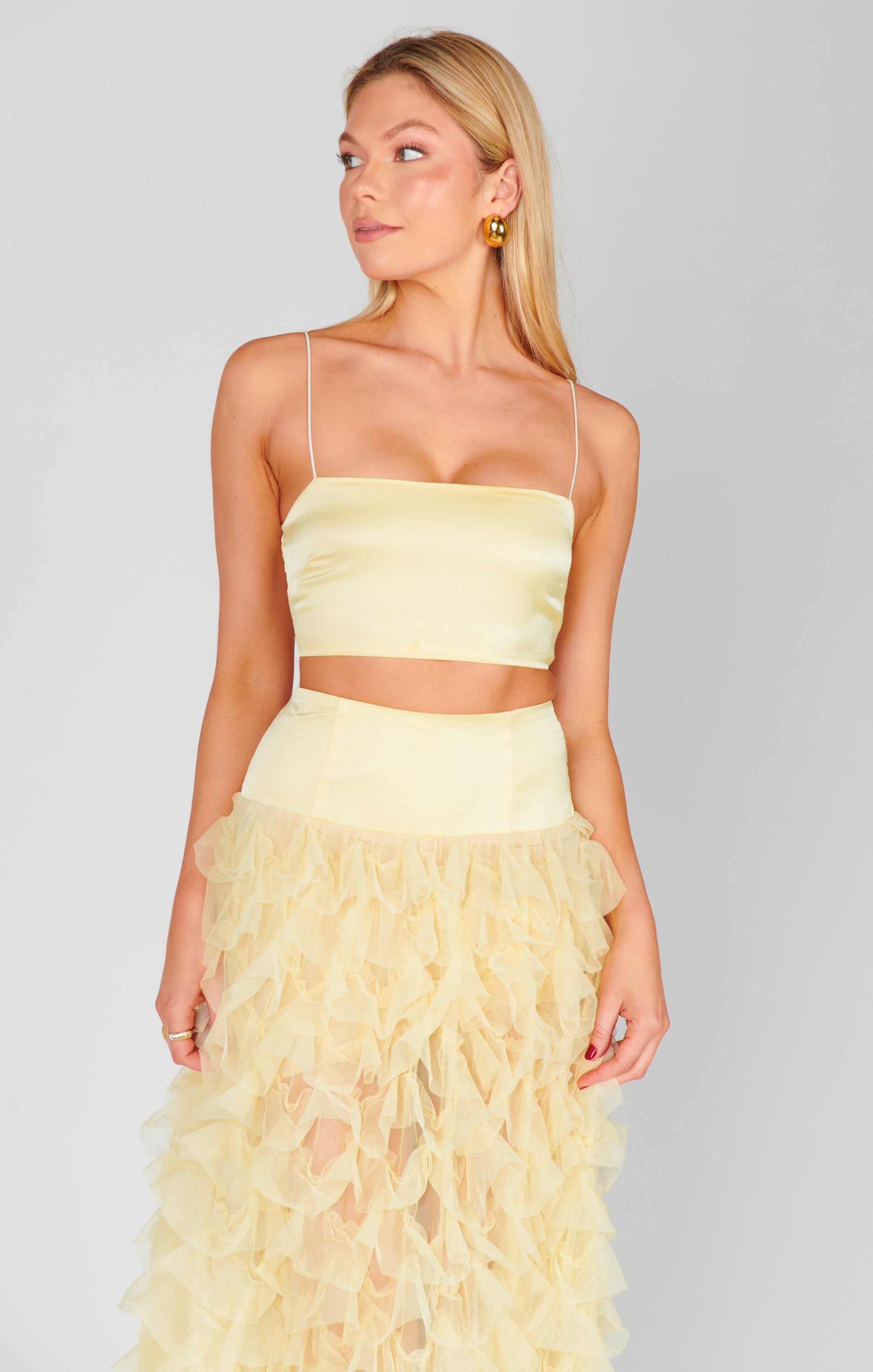 Pale Yellow Satin Spaghetti Strap Top | Tucker Luxe