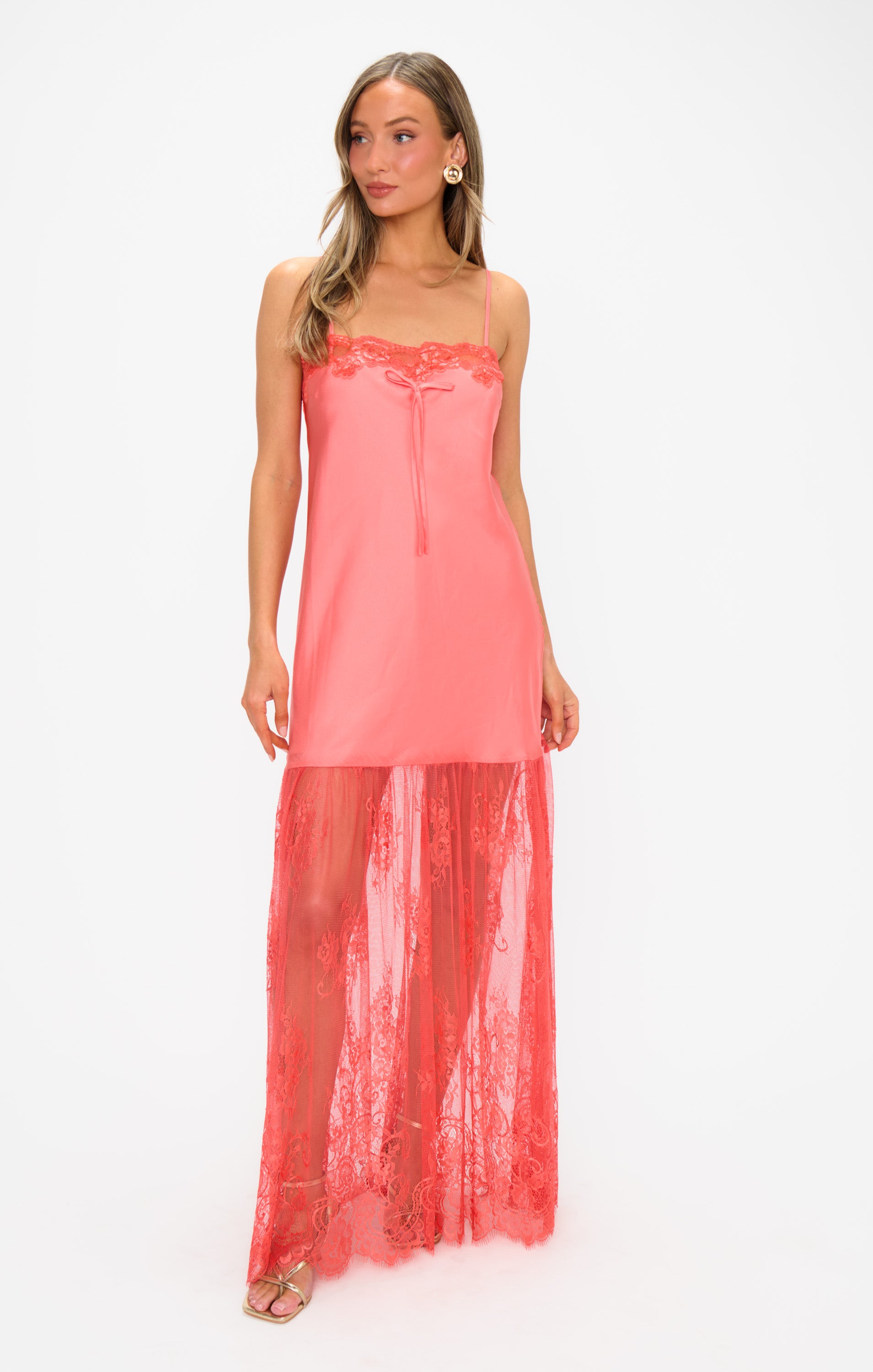 Coral Luxe Satin Maxi Dress with Vintage Slip Design | Celine