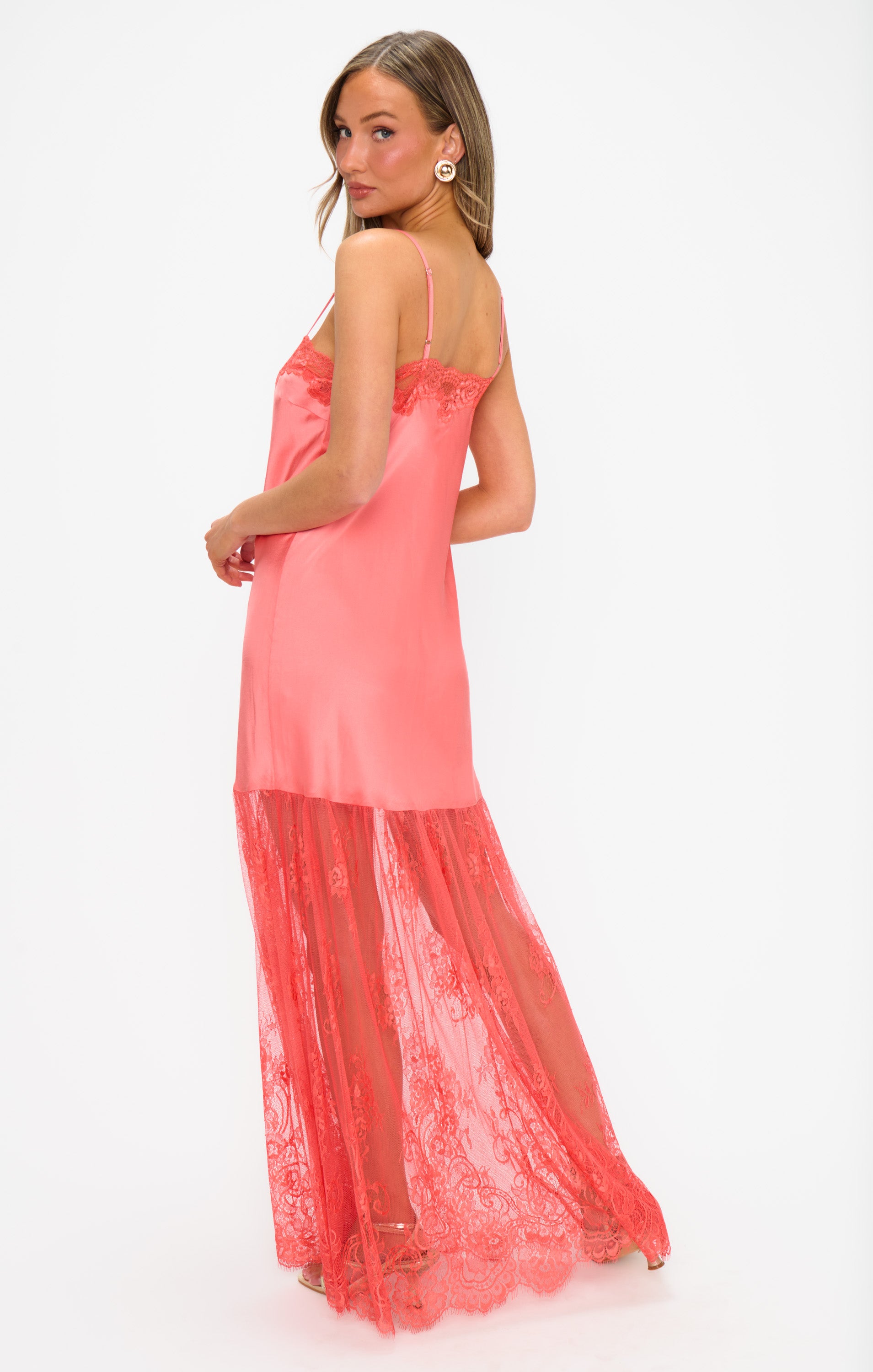 Coral Luxe Satin Maxi Dress with Vintage Slip Design | Celine