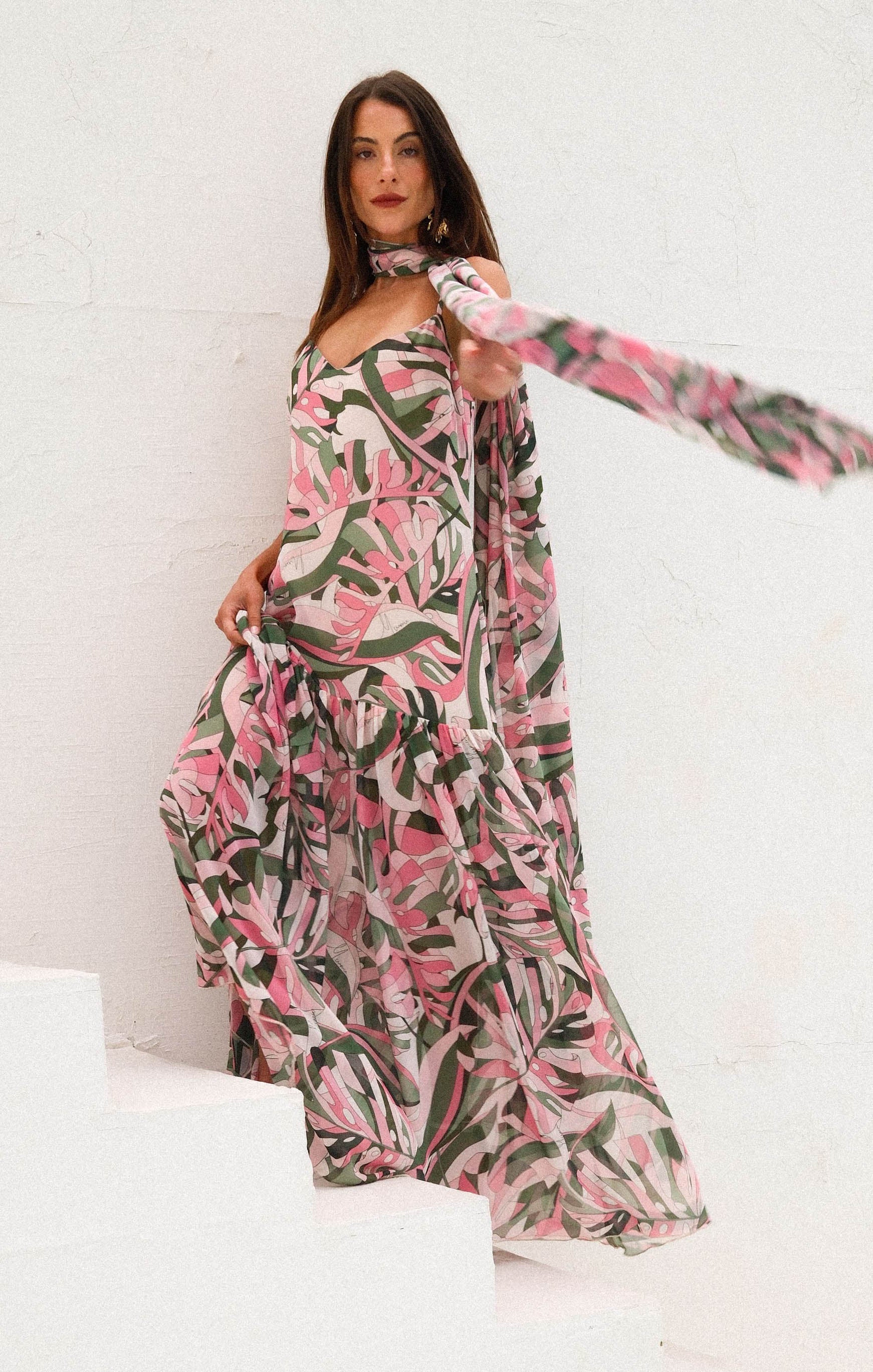 Flamingo Palms Maxi Dress with Coordinating Scarf | Dalia