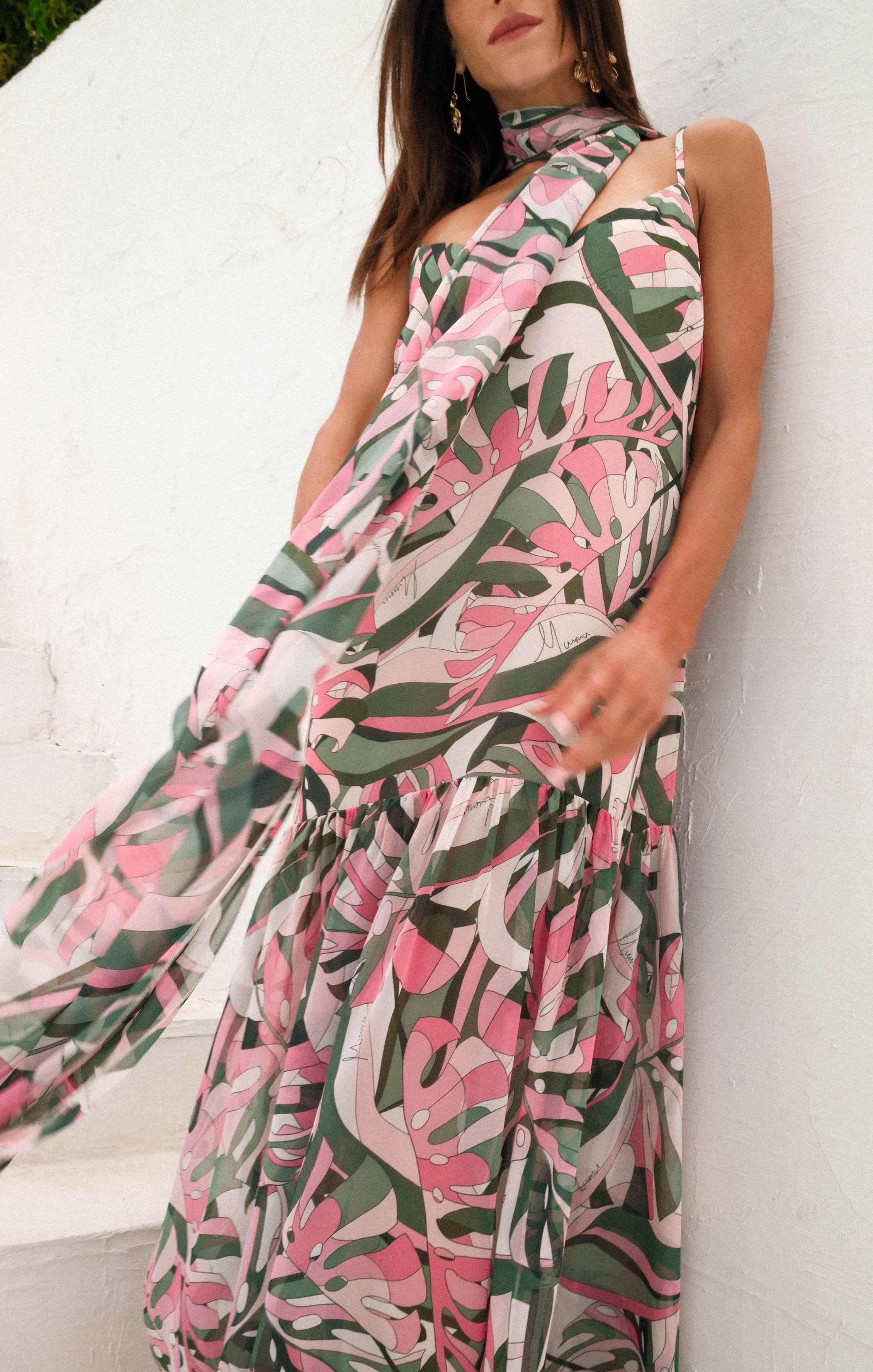Flamingo Palms Maxi Dress with Coordinating Scarf | Dalia