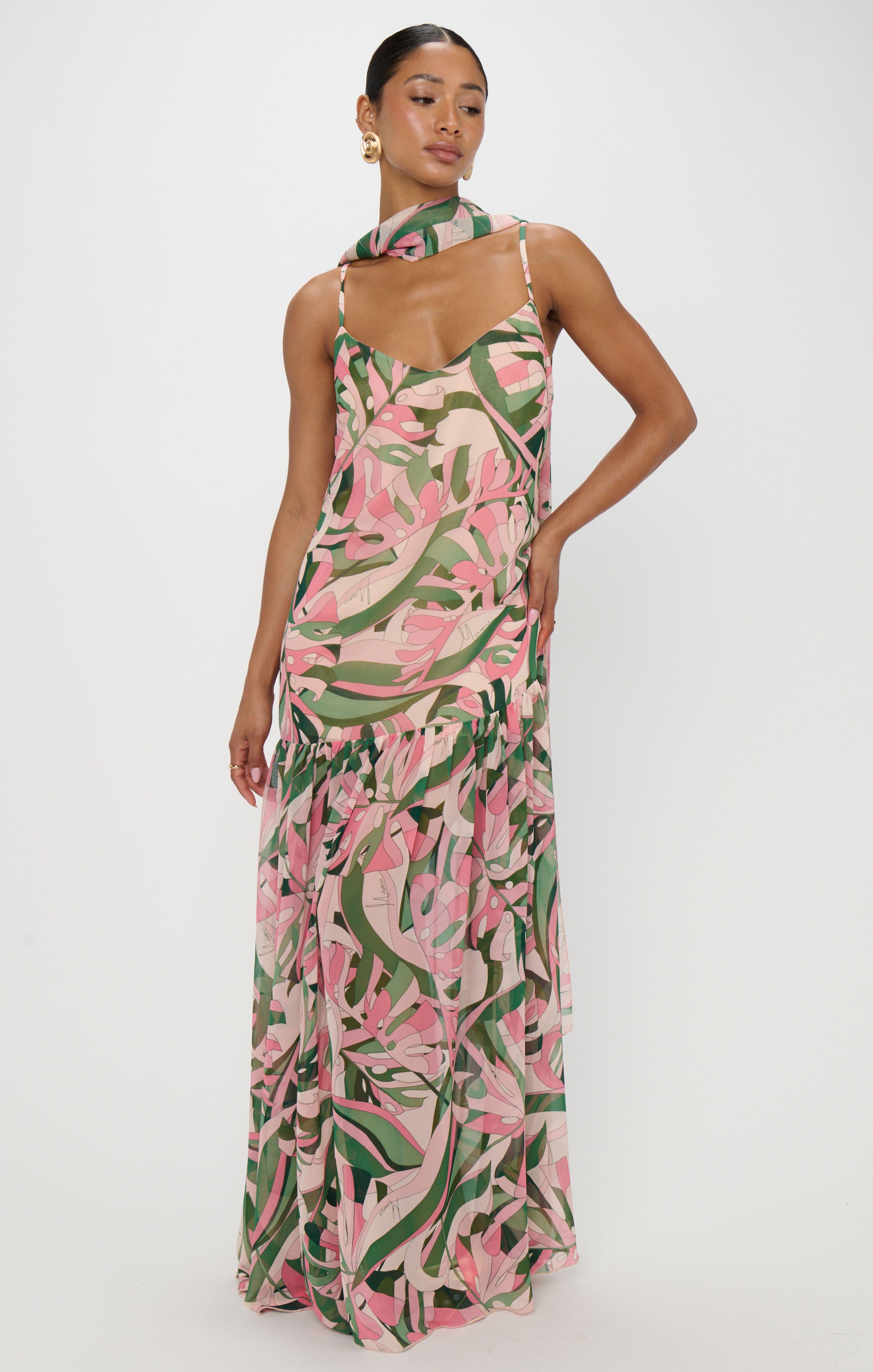Flamingo Palms Maxi Dress with Coordinating Scarf | Dalia
