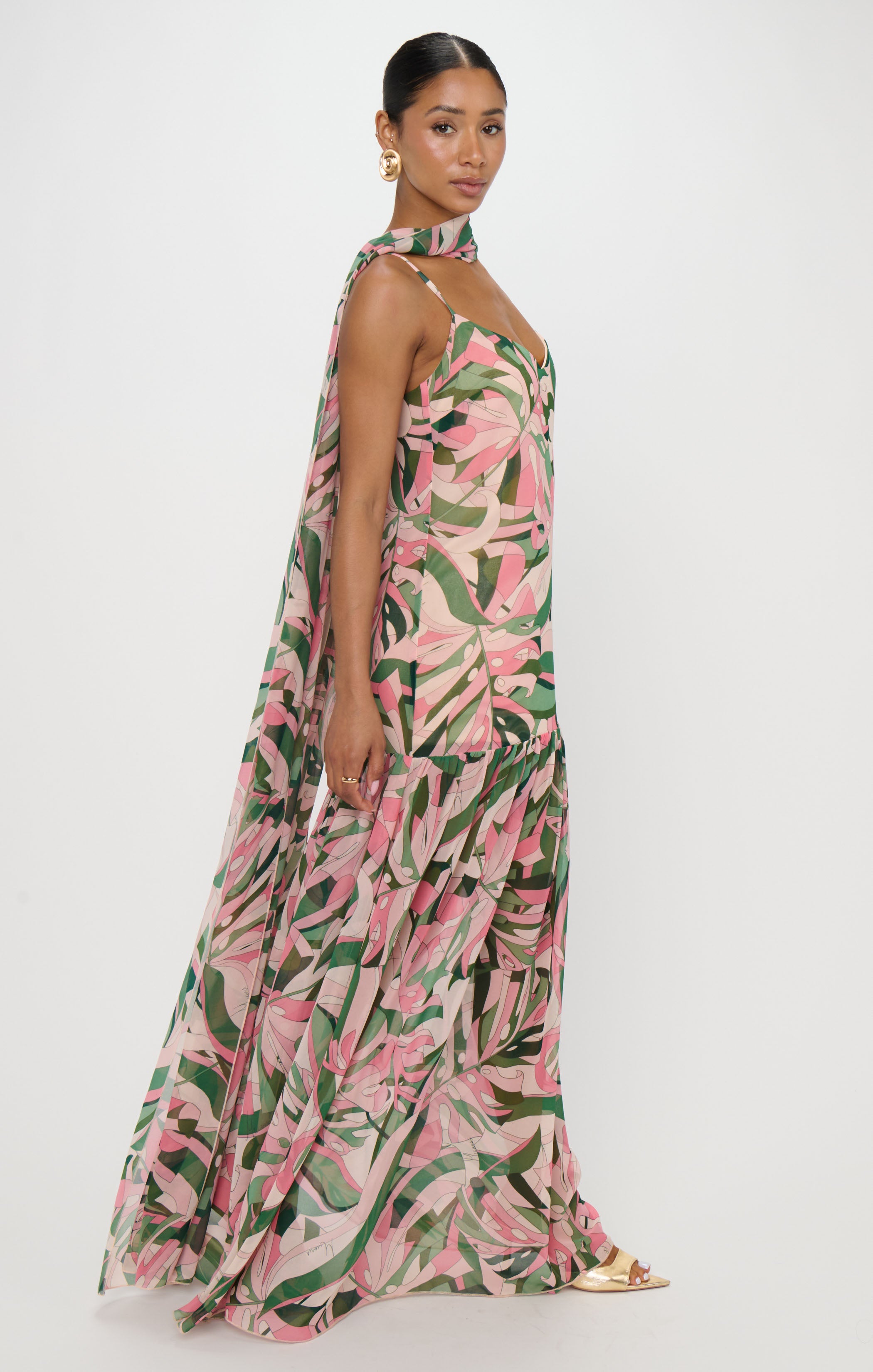 Flamingo Palms Maxi Dress with Coordinating Scarf | Dalia