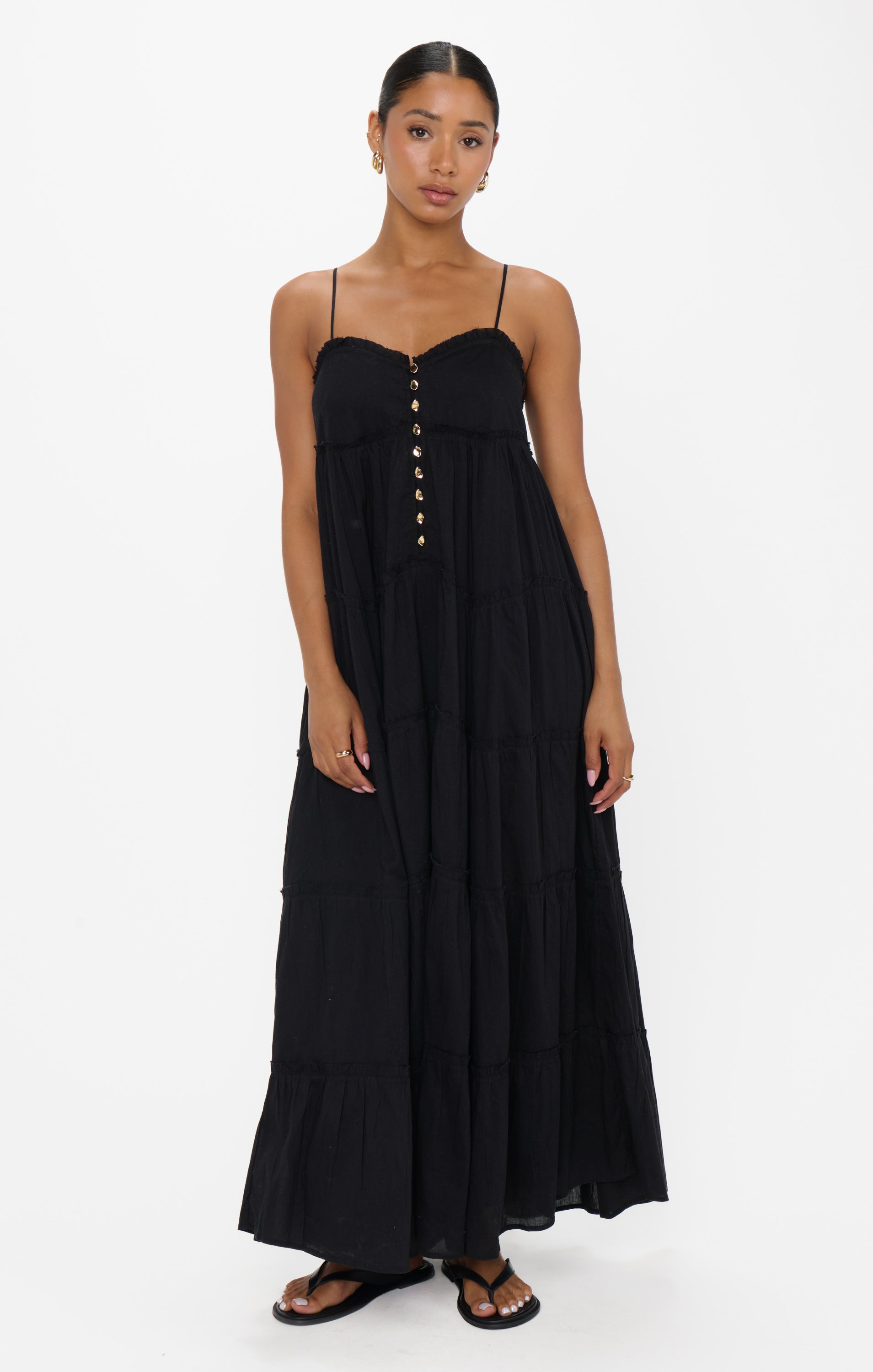 Boho Floral Midi Dress with Adjustable Straps & Gold Buttons | Gracie