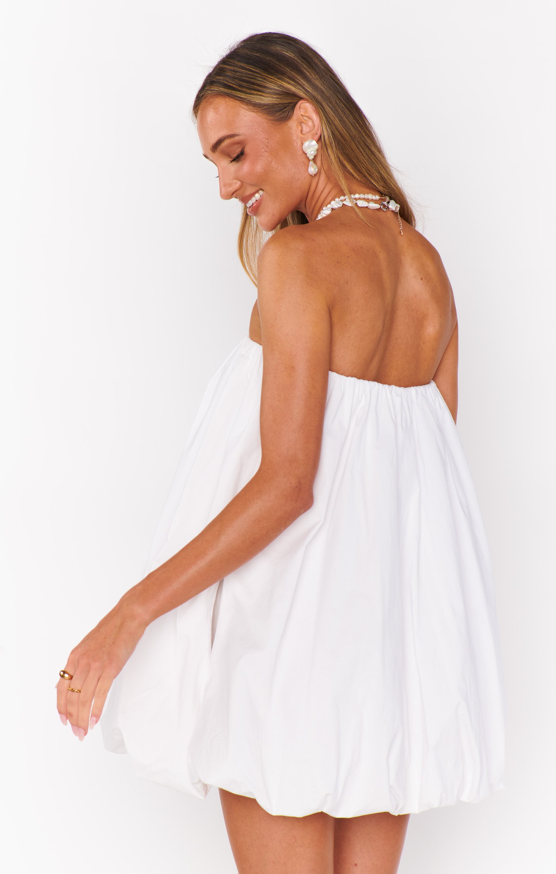 Strapless White Mini Dress with Bubble Hem | Beverly Poplin