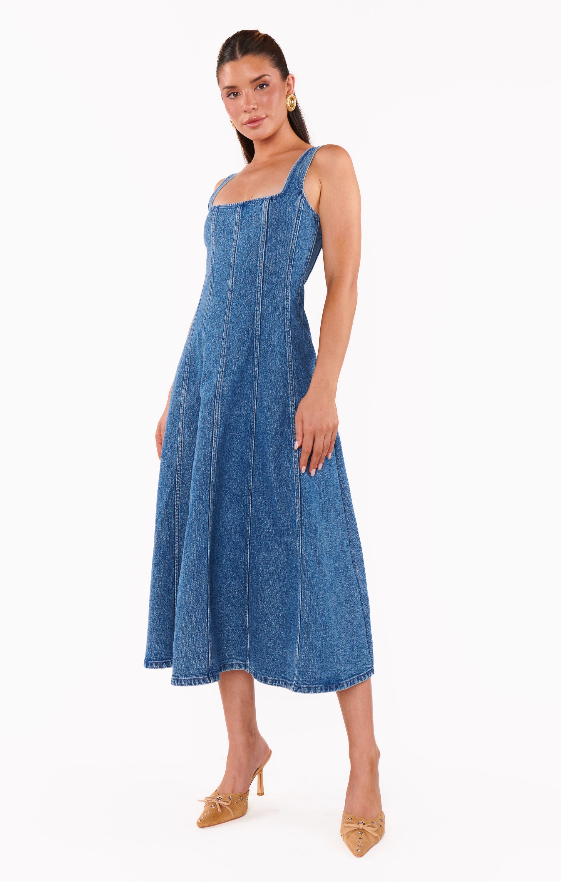 Denim Midi Dress with Flared Skirt & Back Zipper | Prim Windy Indigo