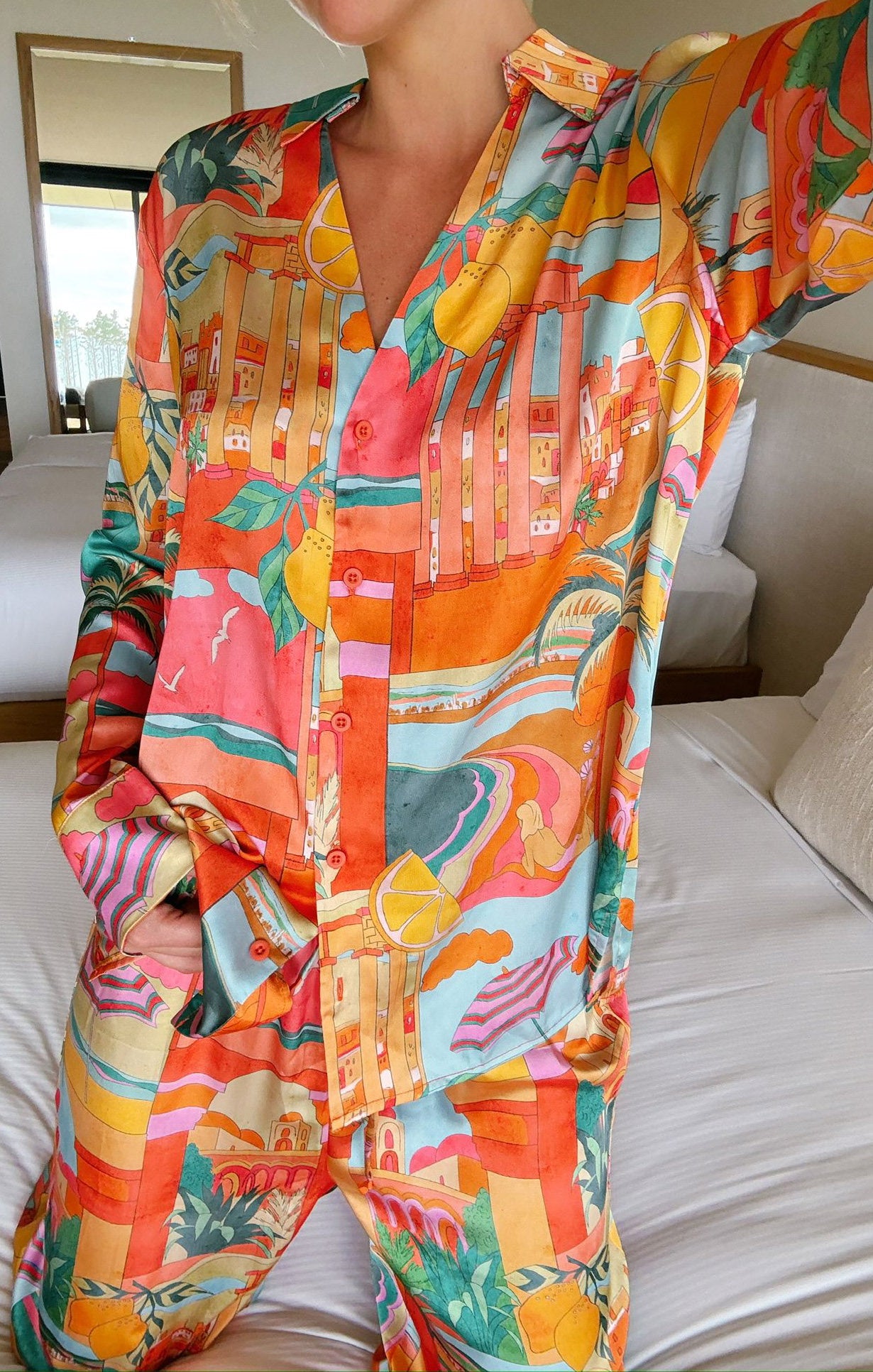Silky Button Down Pajama Set with Elastic Waist | Postcards From Italia