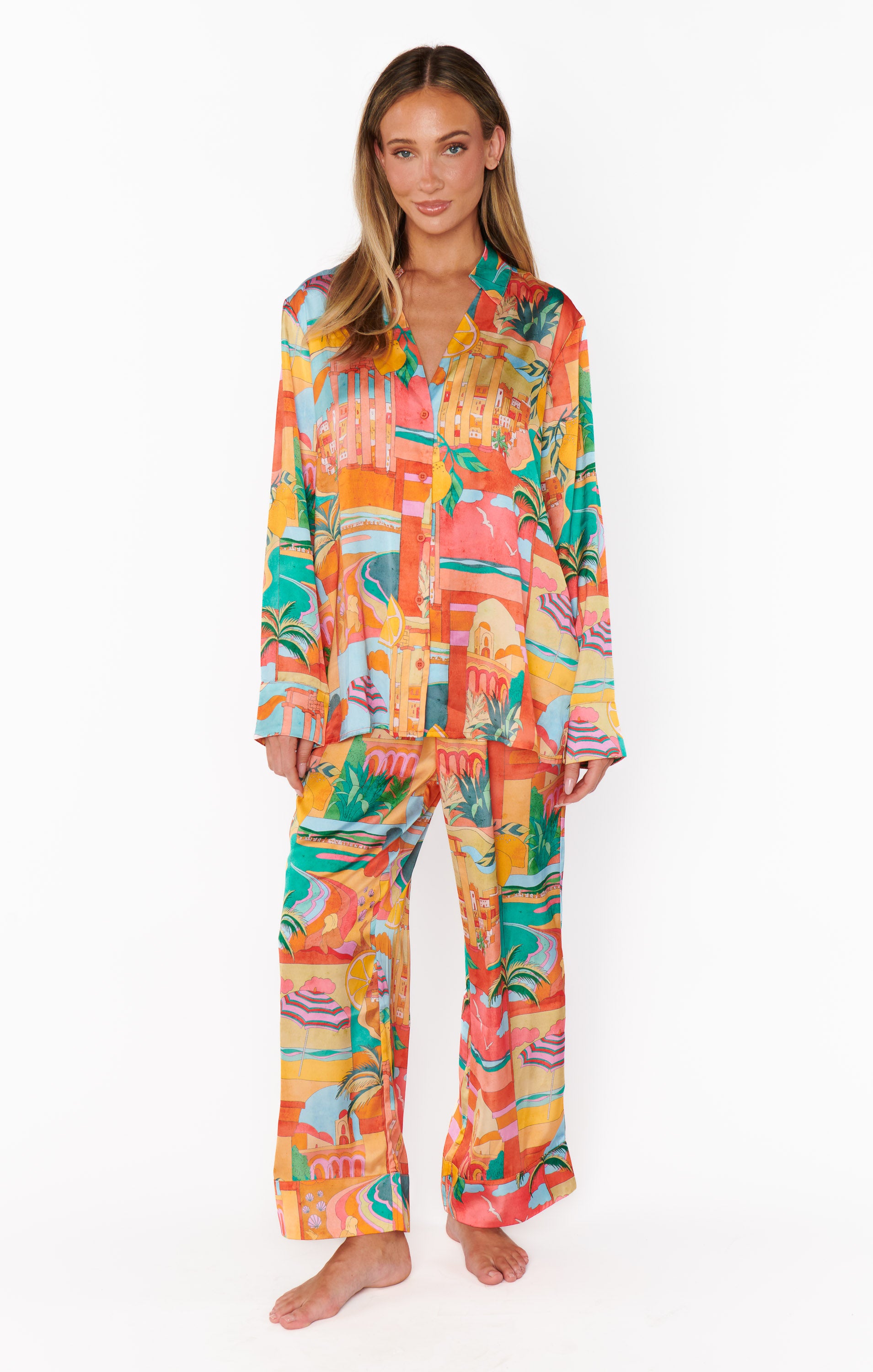 Silky Button Down Pajama Set with Elastic Waist | Postcards From Italia