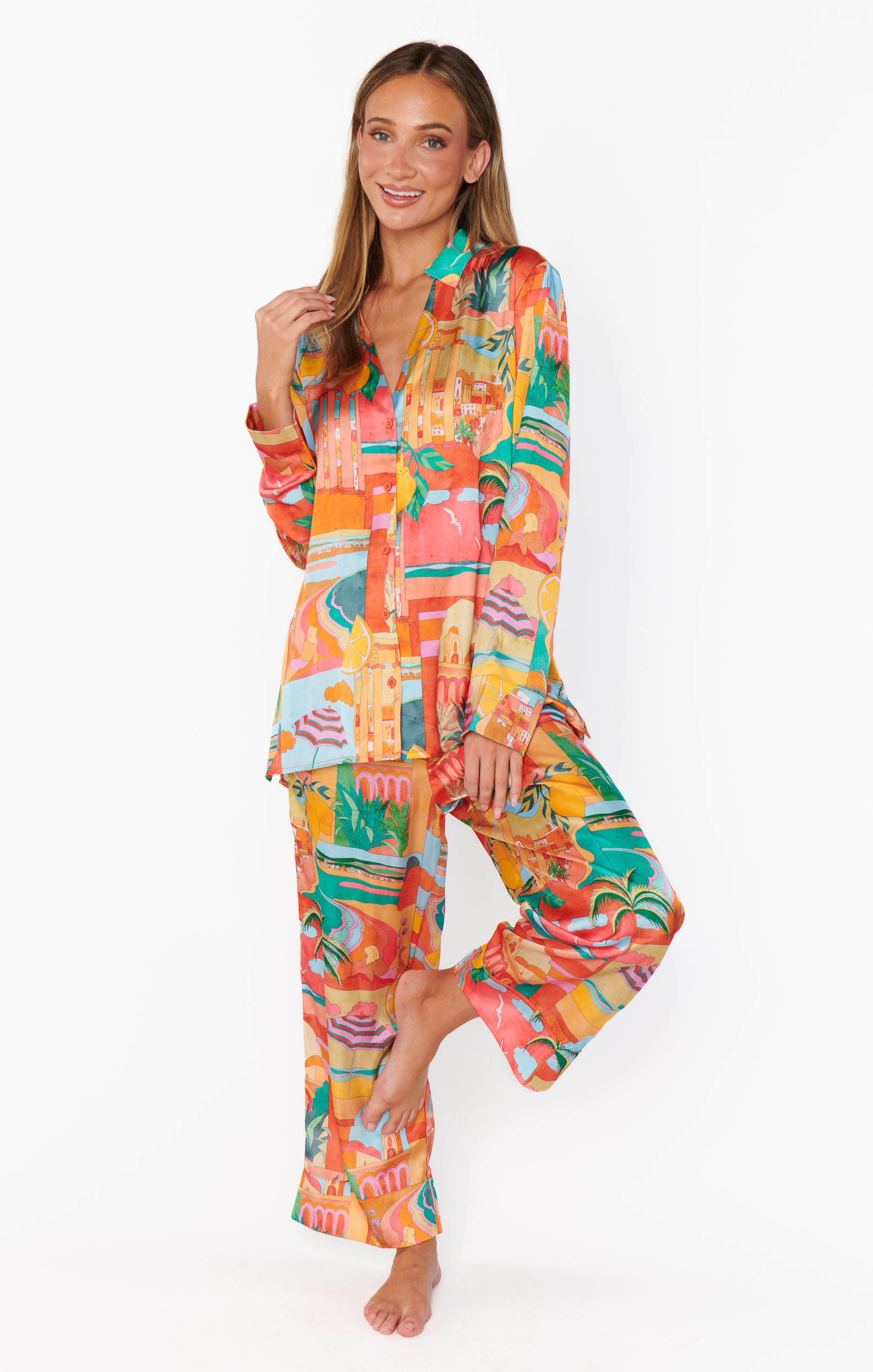 Silky Button Down Pajama Set with Elastic Waist | Postcards From Italia