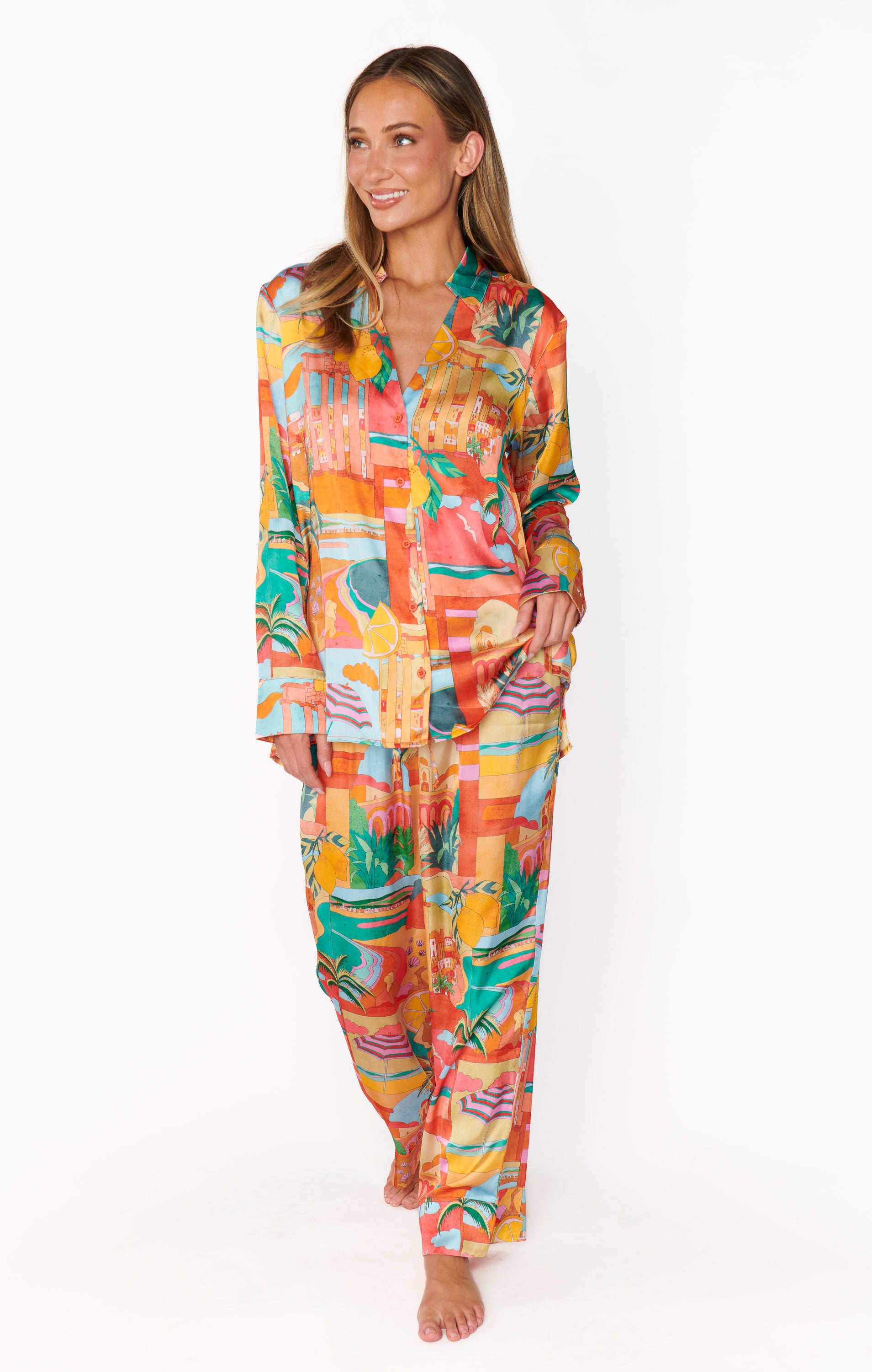 Silky Button Down Pajama Set with Elastic Waist | Postcards From Italia
