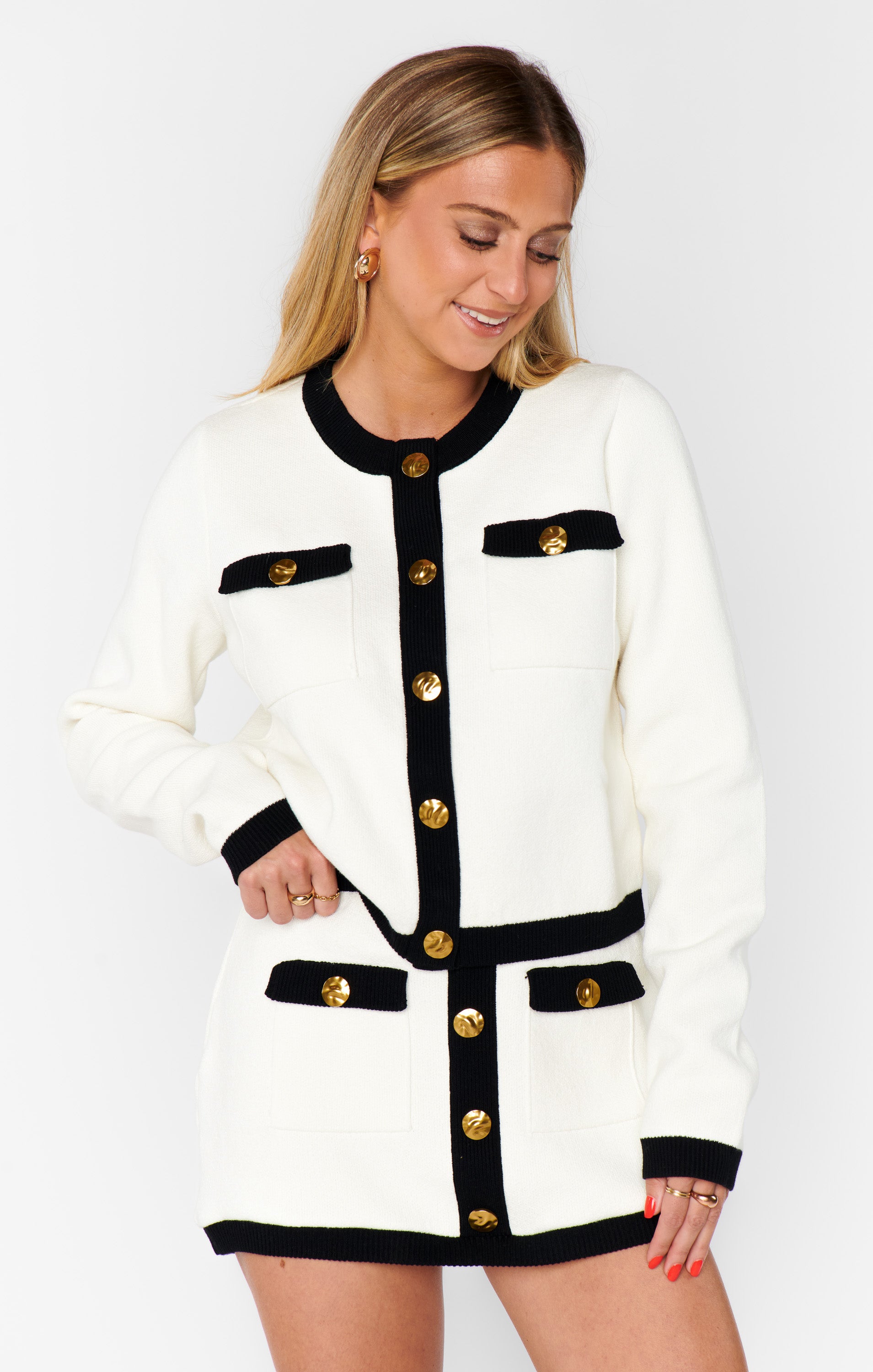 Vintage Knit Skirt with Gold Buttons | Cream & Black Mini Hem