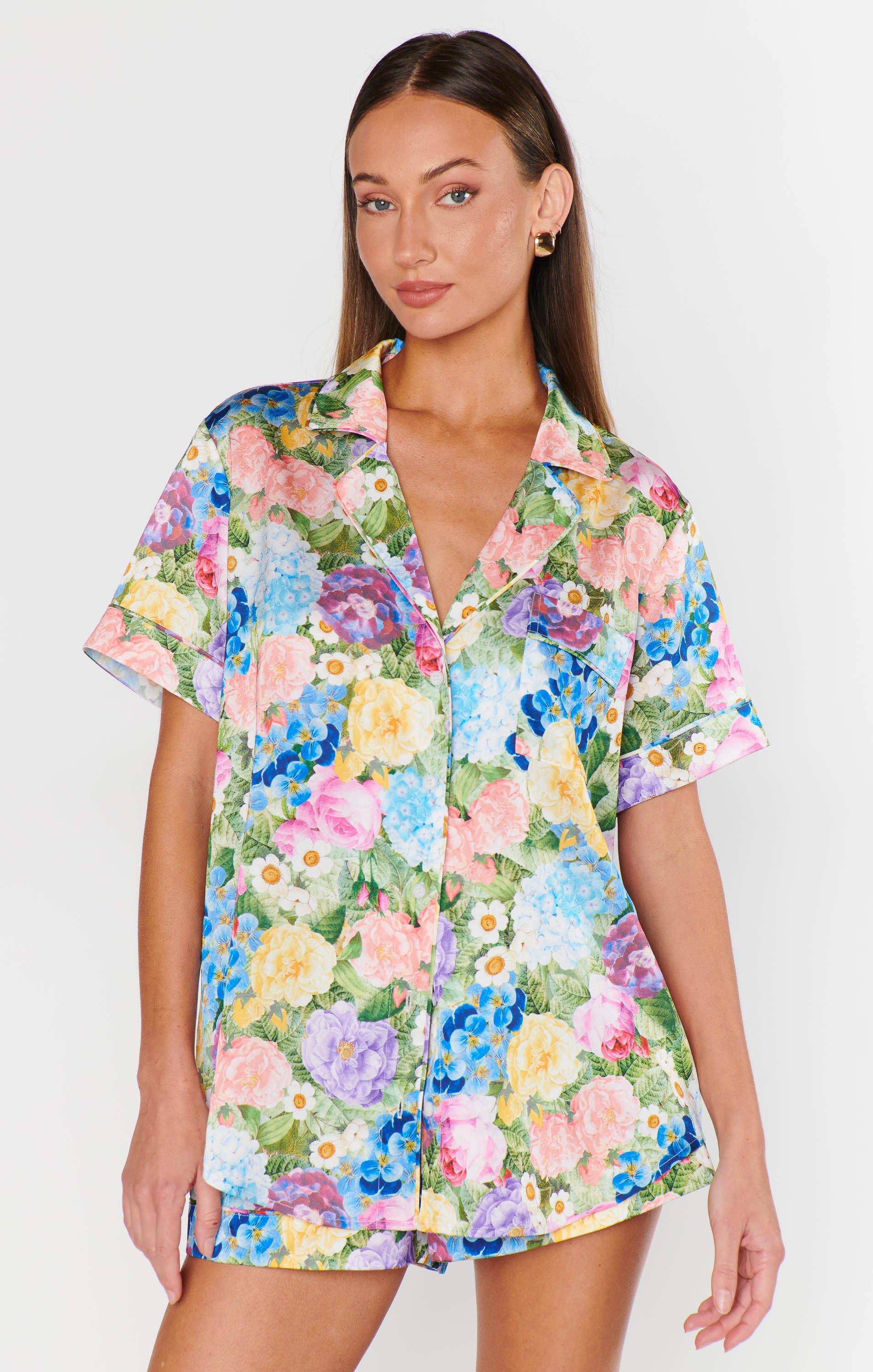 Silky Floral Pajama Set with Button-Down Top & Pocket | Slumber