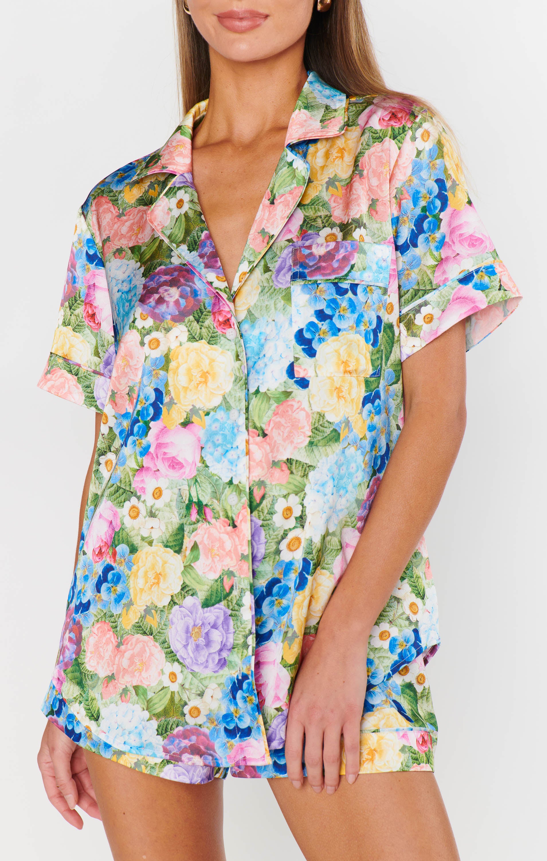 Silky Floral Pajama Set with Button-Down Top & Pocket | Slumber