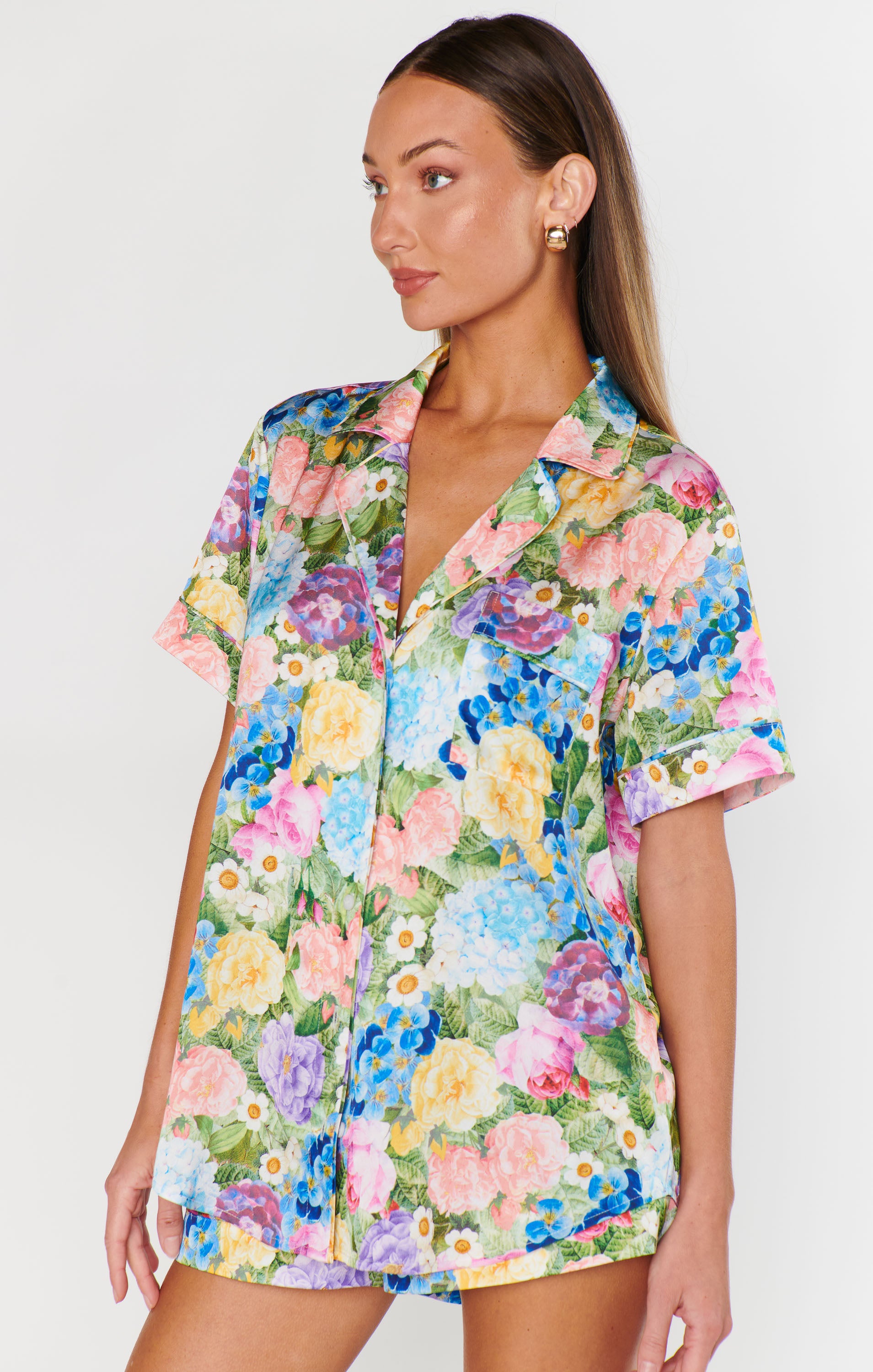 Silky Floral Pajama Set with Button-Down Top & Pocket | Slumber