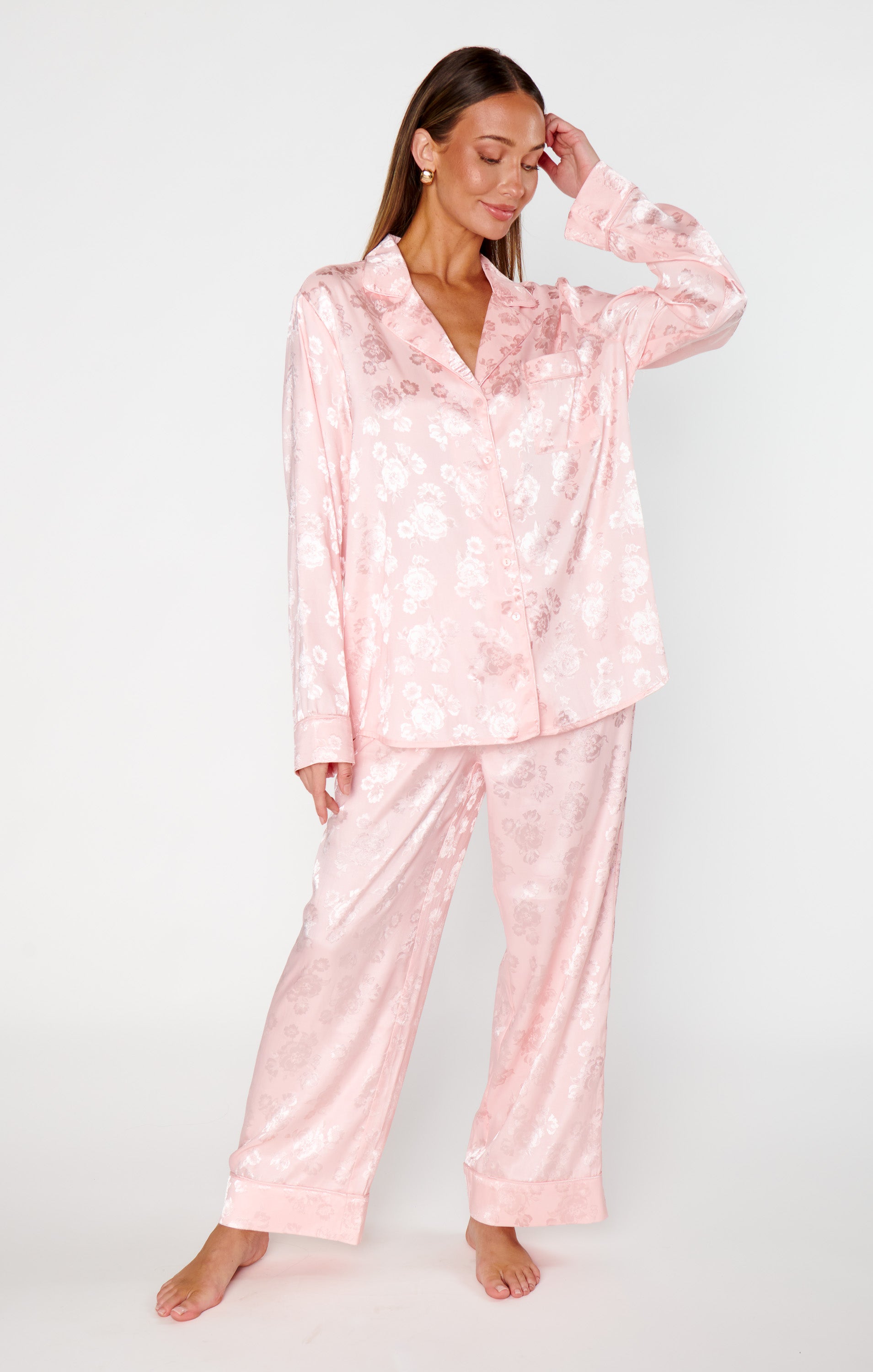 Classic Cropped Pajama Set - Pink Floral Silky Sleepwear