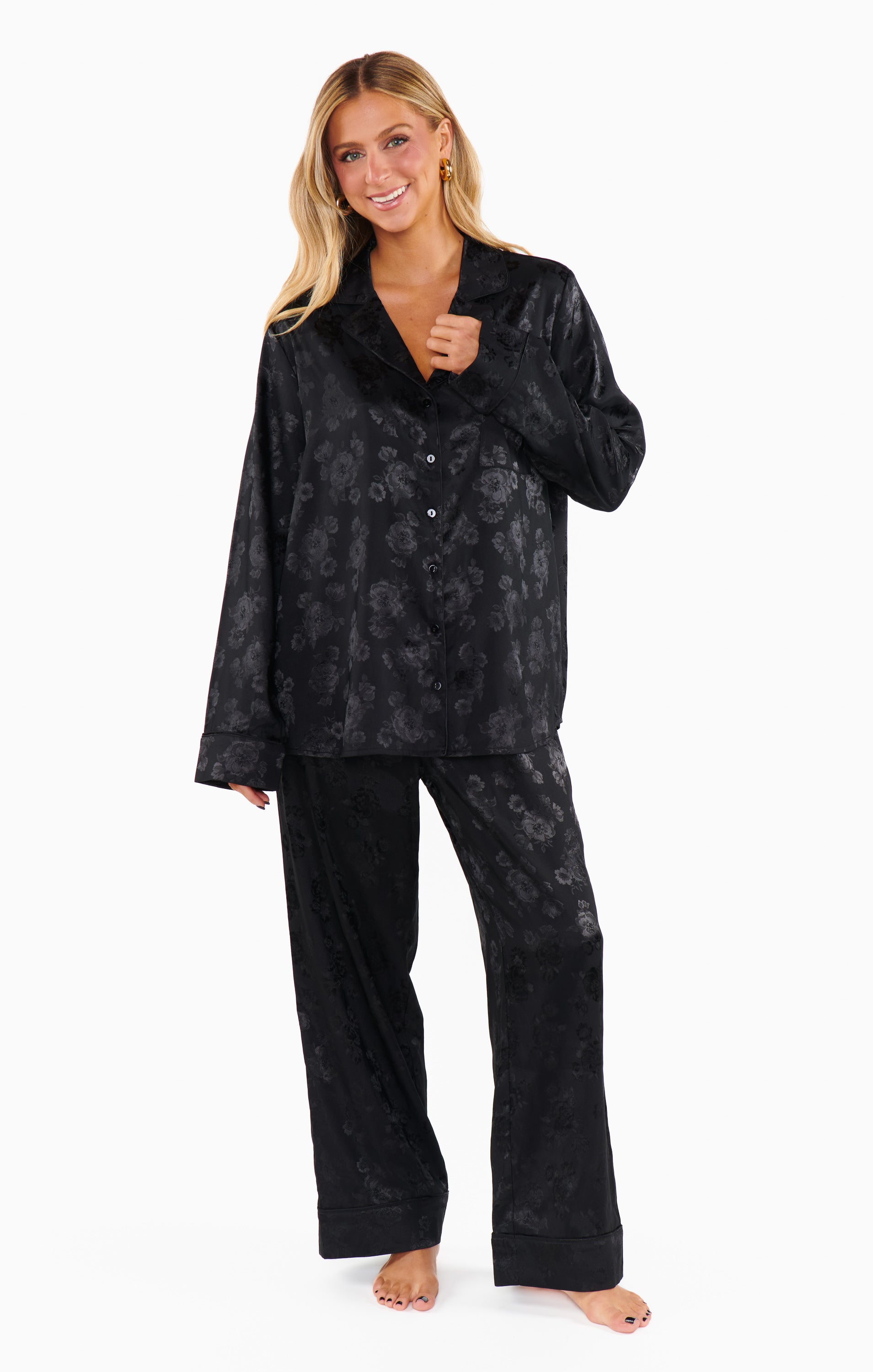 Silky Black Floral Pajama Set with Drawstring Waist | Classic Cropped PJs