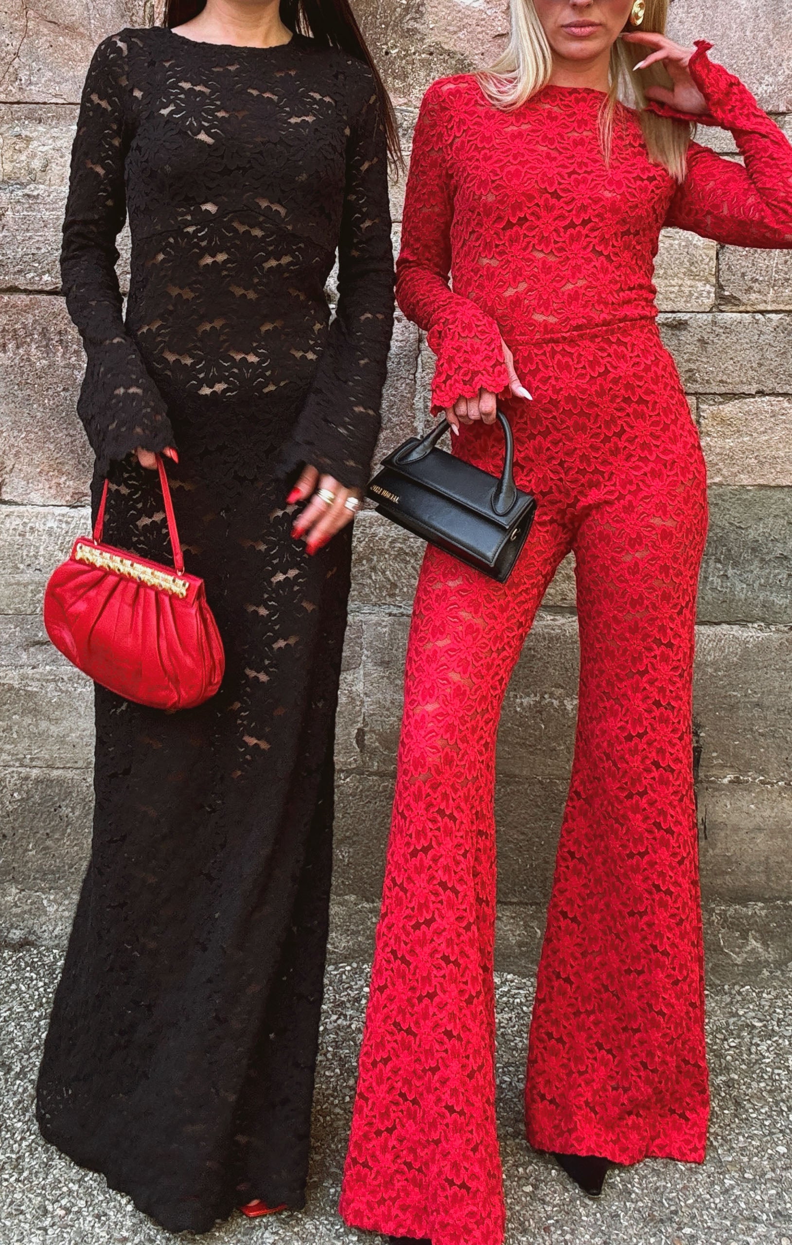 Radiant Red Lace Flared Pants with Elastic Waistband | Bowie Bells