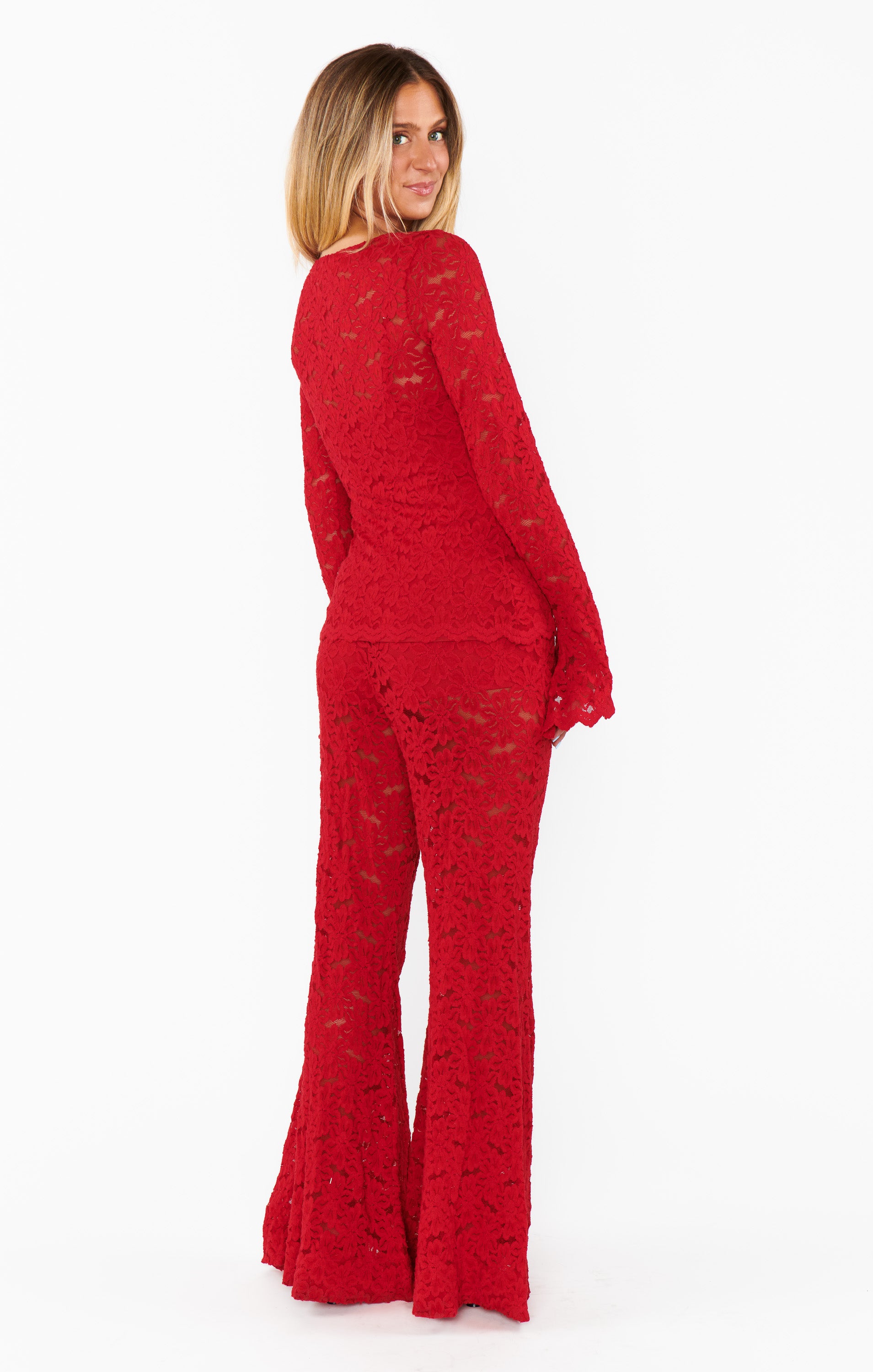 Radiant Red Lace Flared Pants with Elastic Waistband | Bowie Bells
