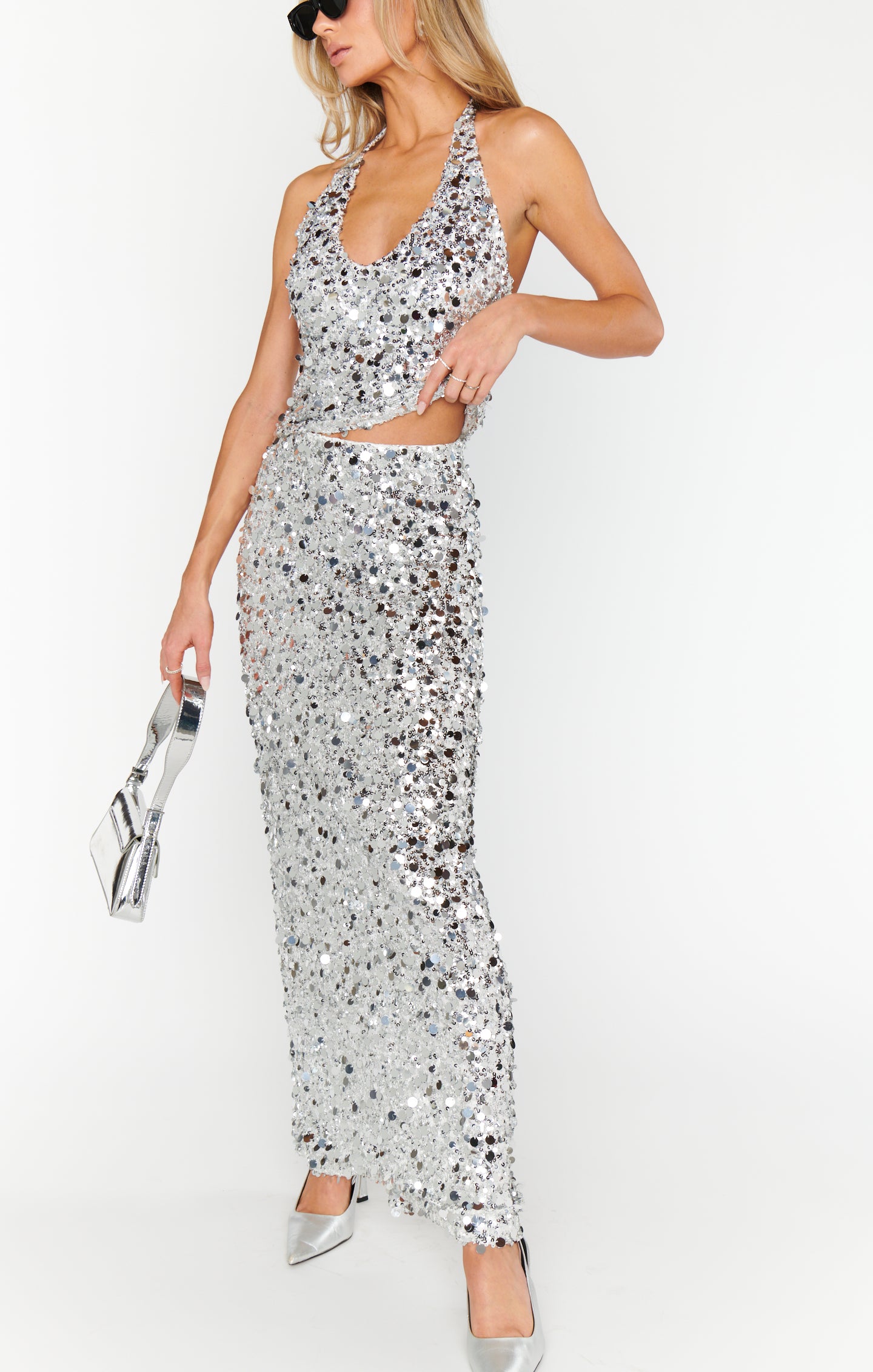 Silver Metallic Sequin Maxi Skirt for Parties | All That Skirt