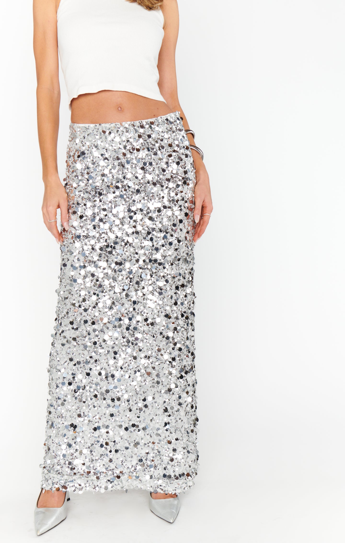 Silver Metallic Sequin Maxi Skirt for Parties | All That Skirt