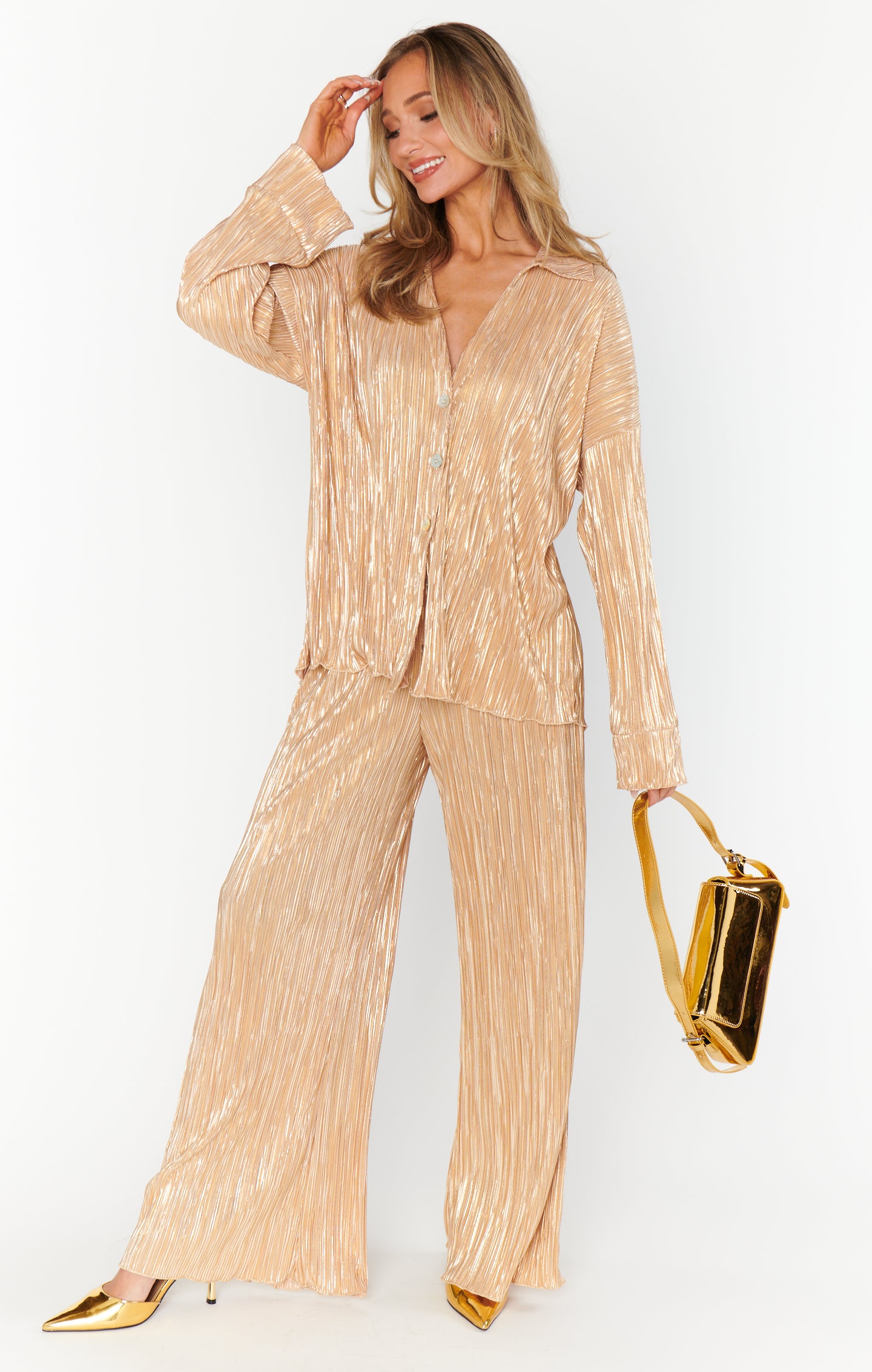 Retro Gold Pleat Pants for Parties | Everywhere Pants