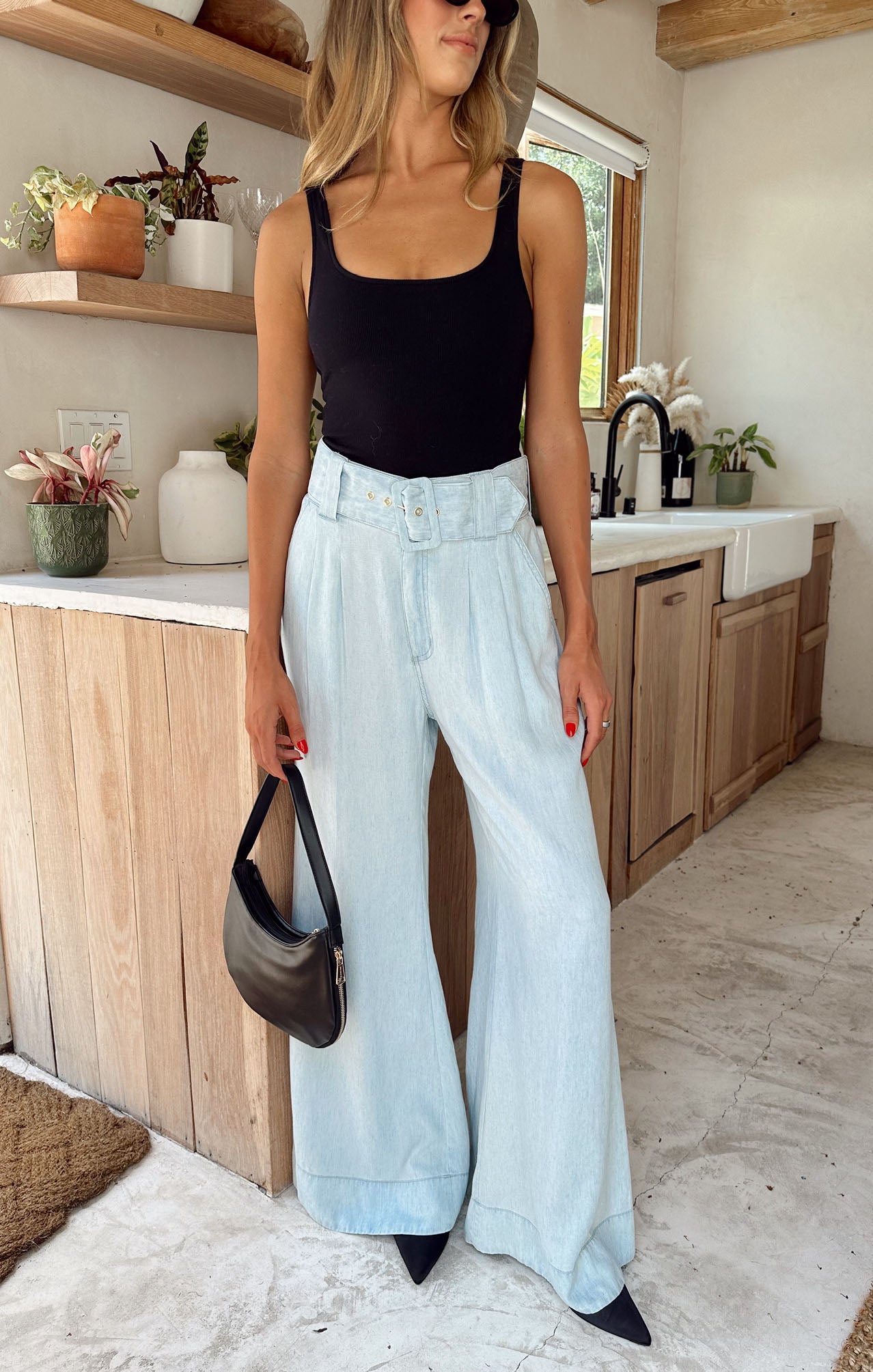 Wide-Leg Chambray Pants with Adjustable Belt | Rollins Anchor