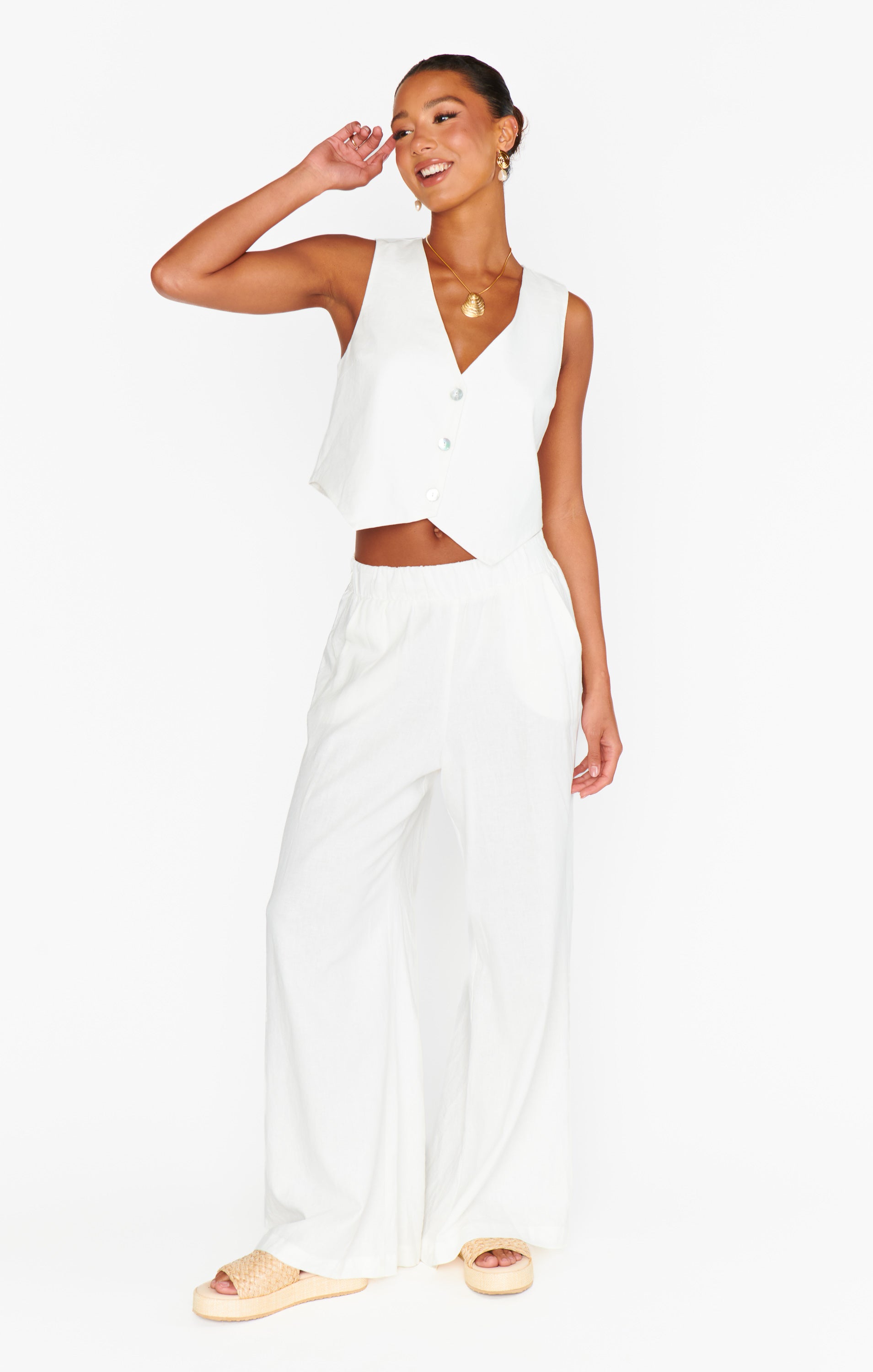 White Linen Pants with Elastic Waist & Side Pockets | Vince