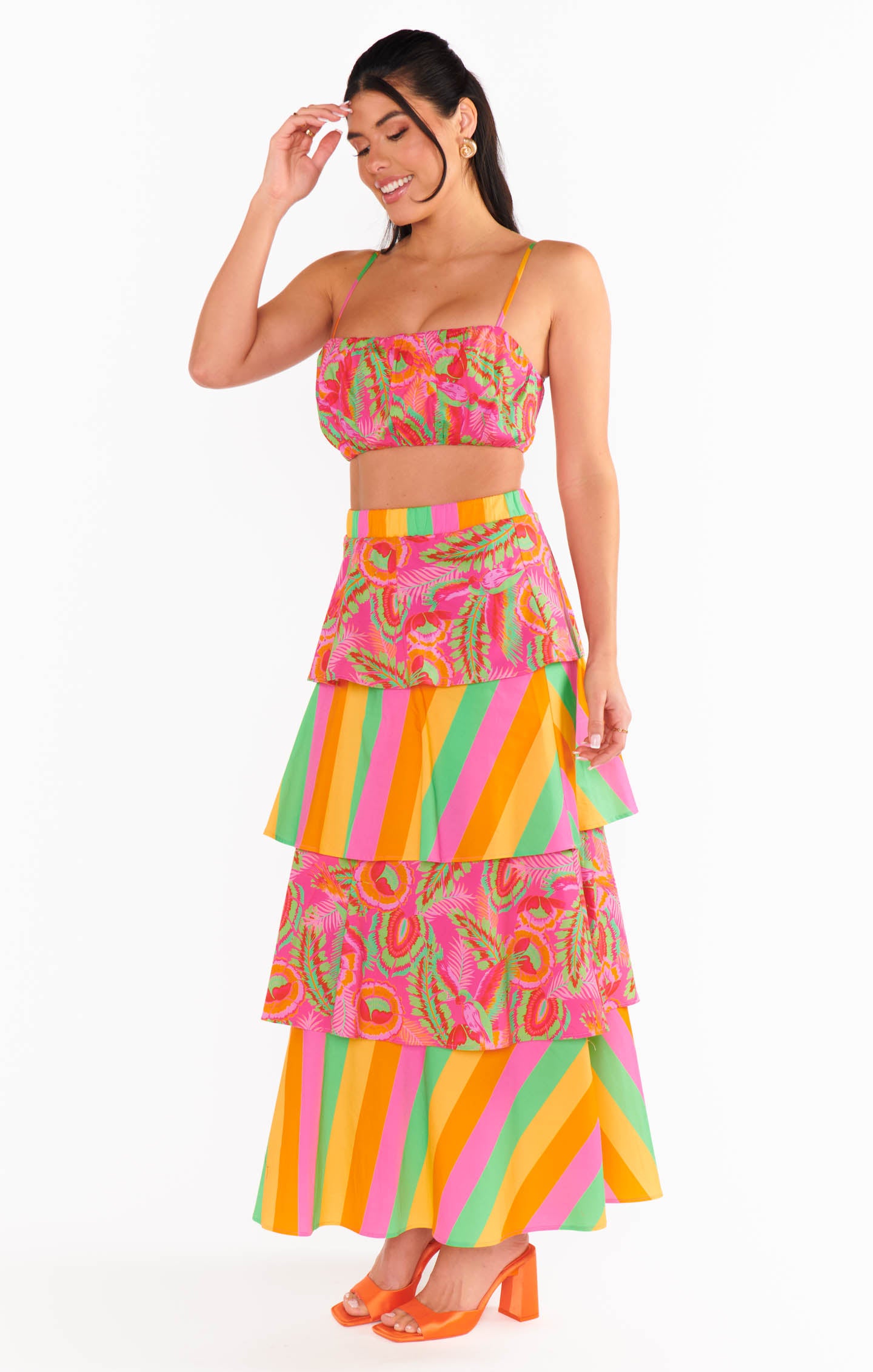 Neon Midi Skirt with Full Swing & Stripes | Paradise Poplin