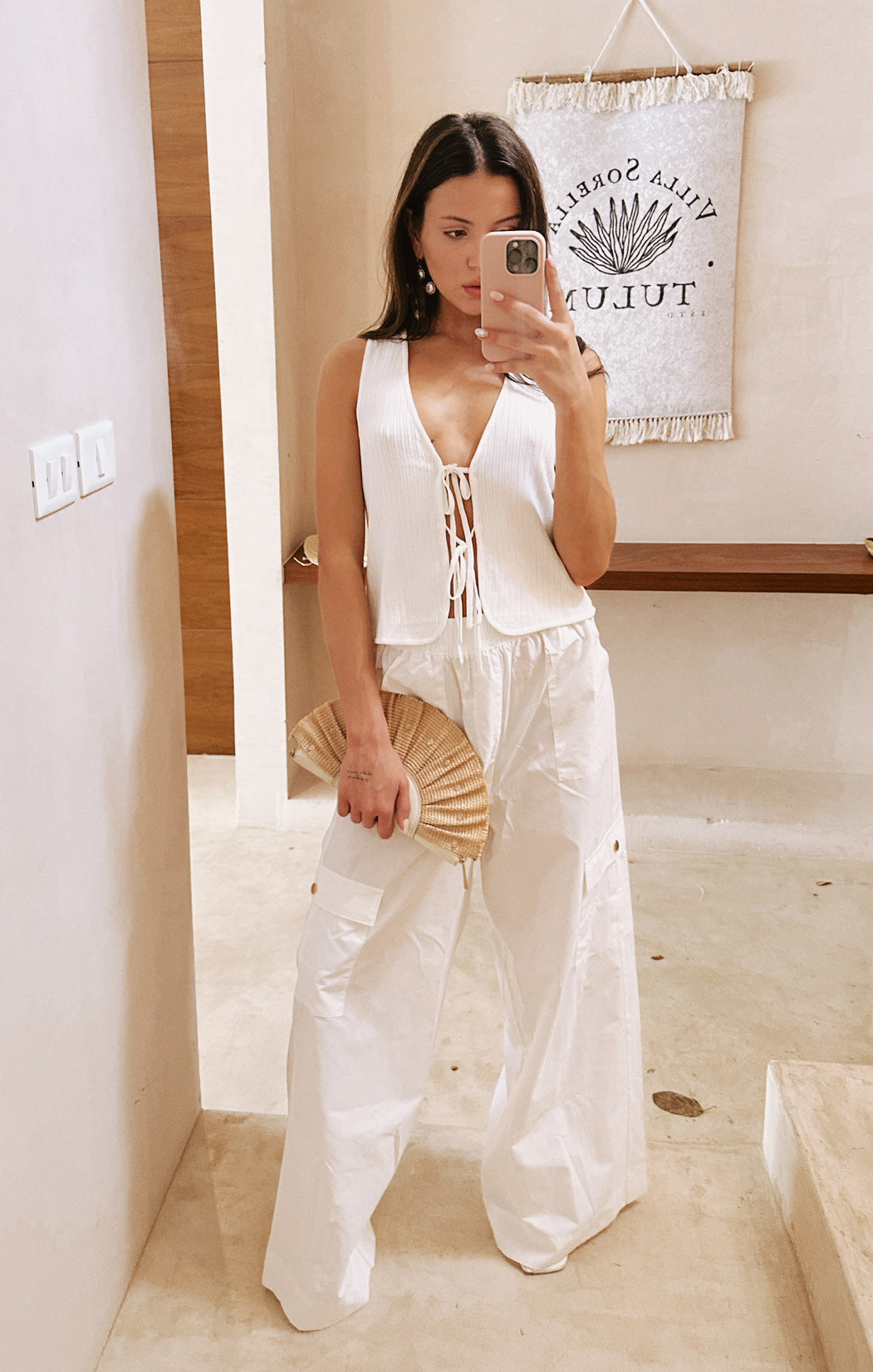 White Casual Cargo Pants with Elastic Waist & Pockets | Lightweight